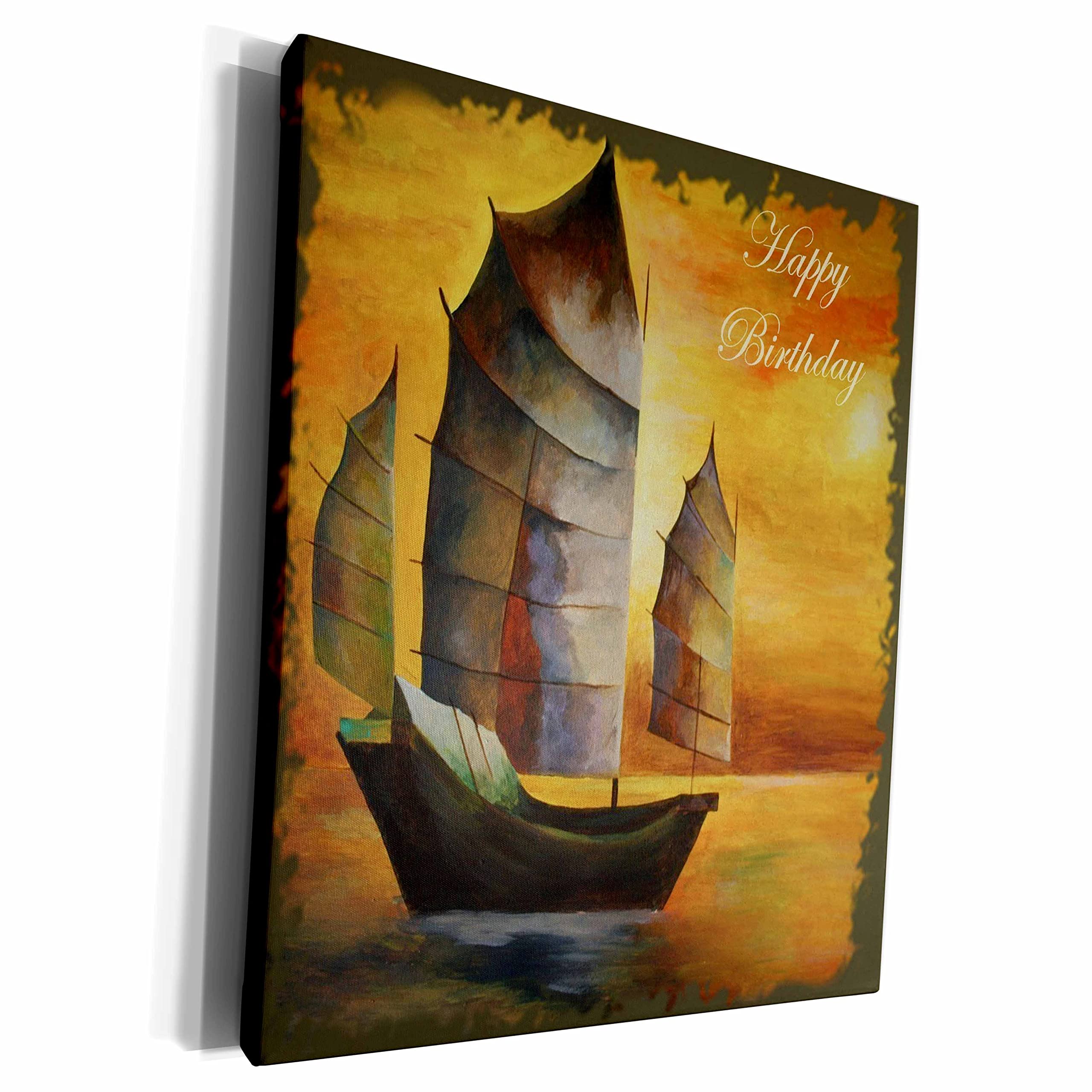 3dRose Museum Grade Canvas Wrap - Happy Birthday Sail Boat Acrylic Painting with Brown Sails, Chinese Junk, Cubism Style, Nautical Greeting Card for Home & Office Wall Decor | Perfect Gift for Sailors & Sea Lovers
