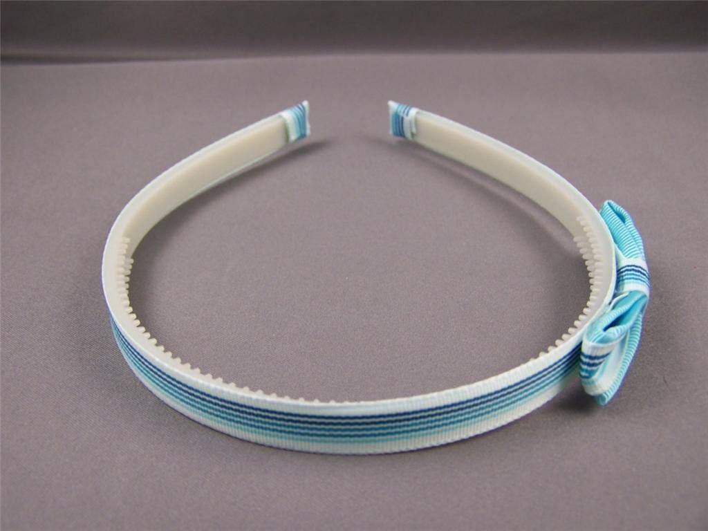 Blue Aqua Striped Ribbon Side Bow Thin Skinny Headband with Teeth - Women's Hair Grip for Everyday Wear, Parties & Special Occasions