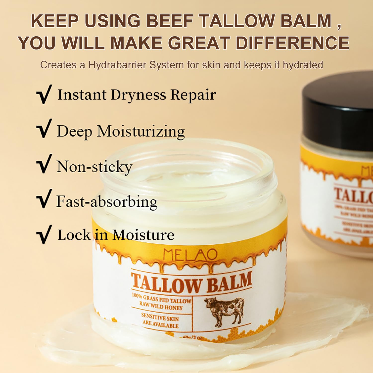 Grass-Fed Beef Tallow & Manuka Honey Moisturizing Balm - Organic Unscented Whipped Skin Cream with Beeswax & Olive Oil for Face & Body - Fast Absorbing, Deep Hydration (2 oz) - Perfect for Dry Skin, Eczema & Nighttime Skincare Routine