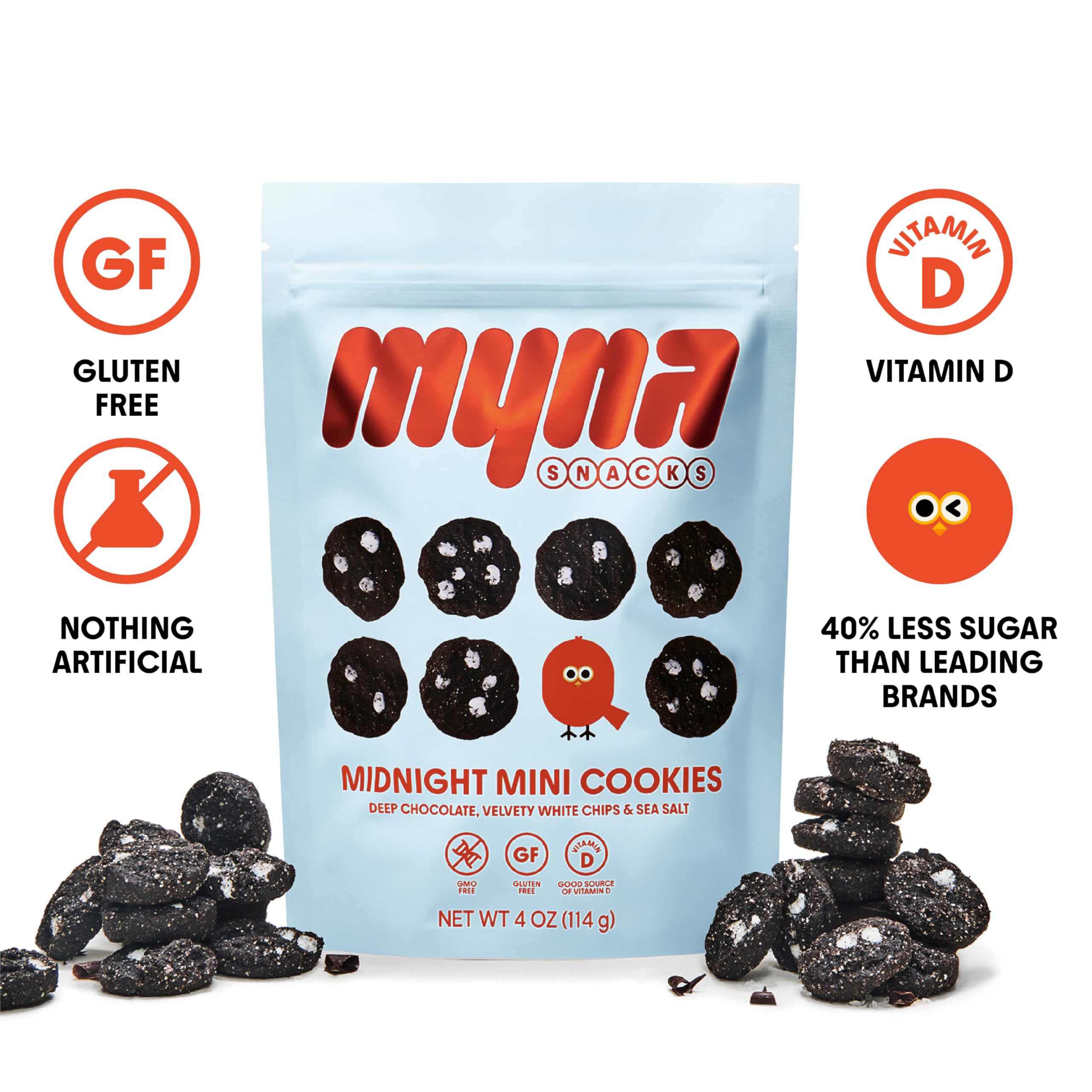 Myna Snacks Midnight Mini Cookies - Gluten Free Dairy Free Chocolate Cookies with White Chips - Healthy Vegan Snacks - No Artificial Ingredients - 8oz (2 Pack, 4oz Bags) - Perfect for Late Night Snacking, School Lunches & Office Treats