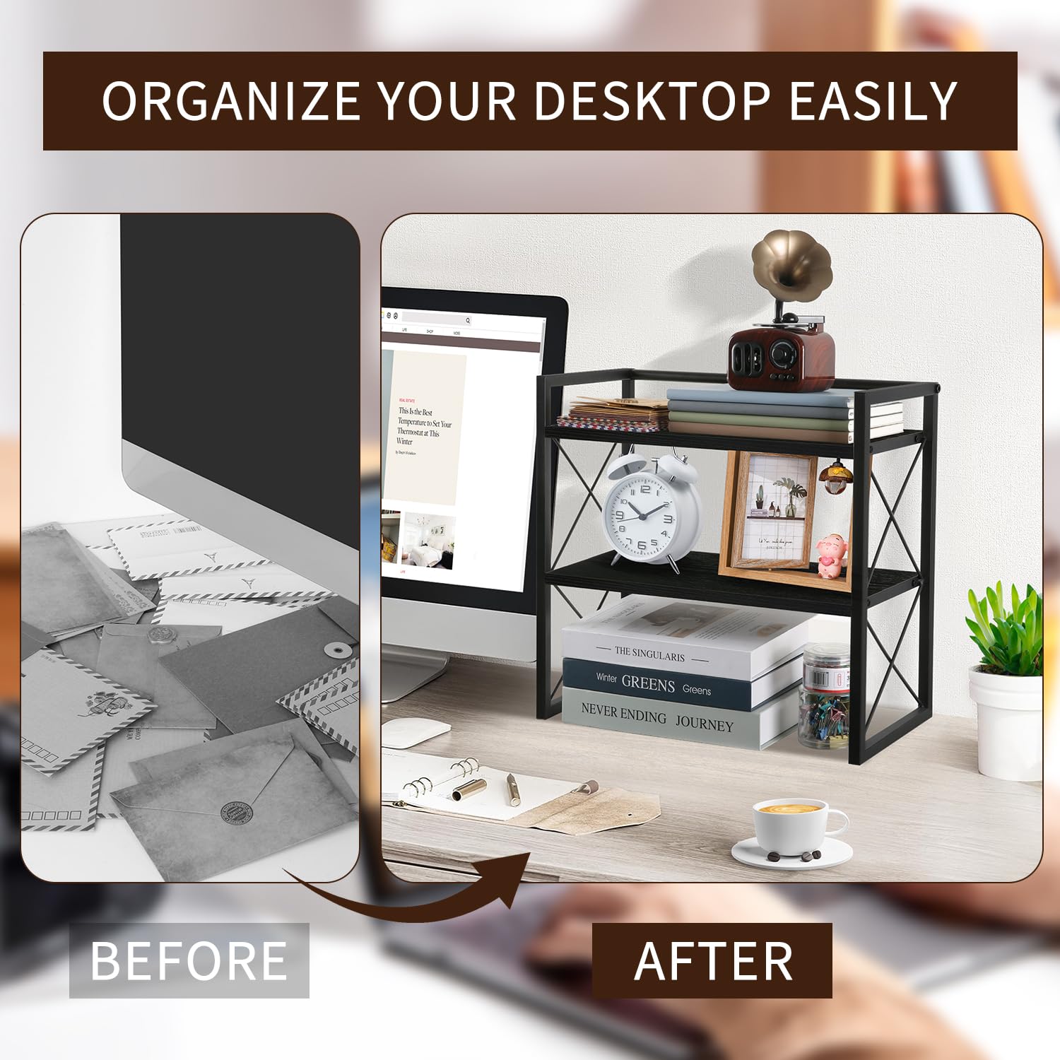 YINMIT 2-Tier Wooden Desktop Shelf Organizer - Black Office Desk Storage Rack & Freestanding Display Shelf for Home, Dorm, Workspace | Perfect for Organizing Books, Supplies & Decor