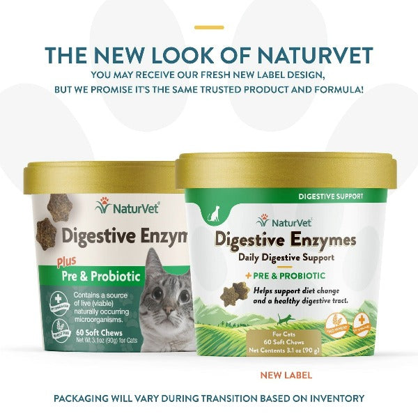 NaturVet Digestive Enzymes with Prebiotics & Probiotics Soft Chews for Cats - Supports Healthy Digestion & Gut Health - Perfect for Sensitive Stomachs & Mealtime Comfort