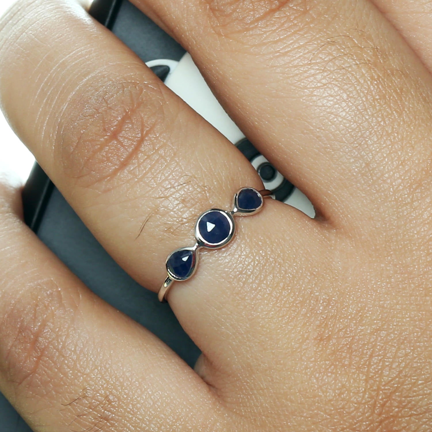 14K White Gold Bezel Set Sapphire Three Stone Ring - Elegant Wedding, Engagement, or Anniversary Gift for Women