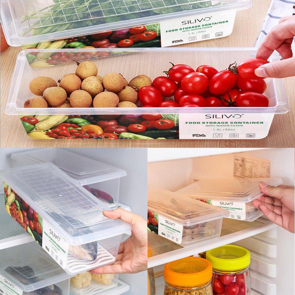 SILIVO 3-Piece Fridge Organizer with Lids & Draining Grid - 1.5L Food Storage Containers for Fresh Fruits, Vegetables, Cheese - Space Saving Kitchen Organization for Refrigerator, Pantry & Meal Prep