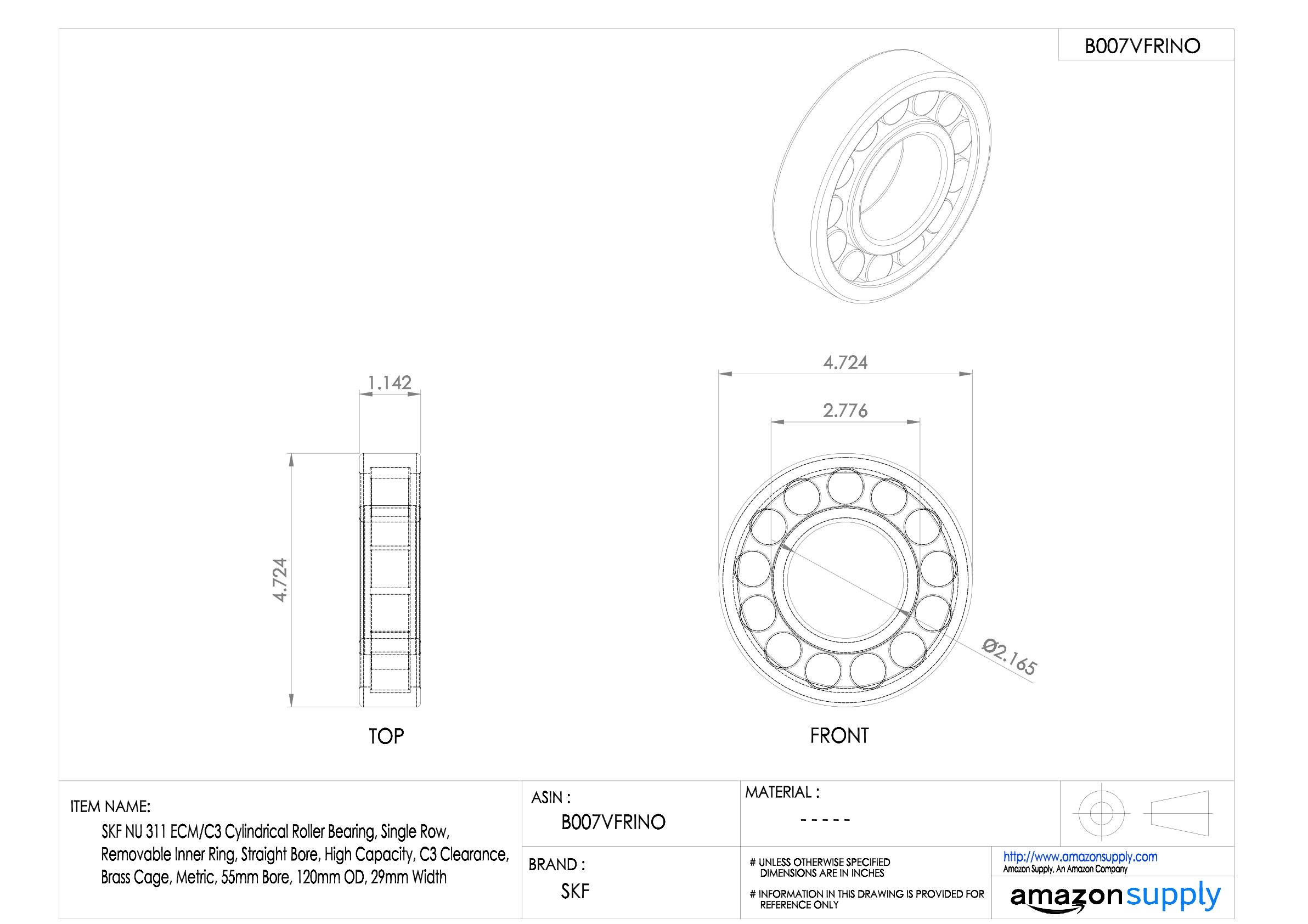 SKF NU 311 ECM/C3 Single Row Cylindrical Roller Bearing - 55mm Bore, 120mm OD, 29mm Width - High Capacity Brass Cage Bearing with C3 Clearance & Removable Inner Ring - Perfect for Industrial Machinery, Electric Motors, Pumps, and Heavy-Duty Equipment