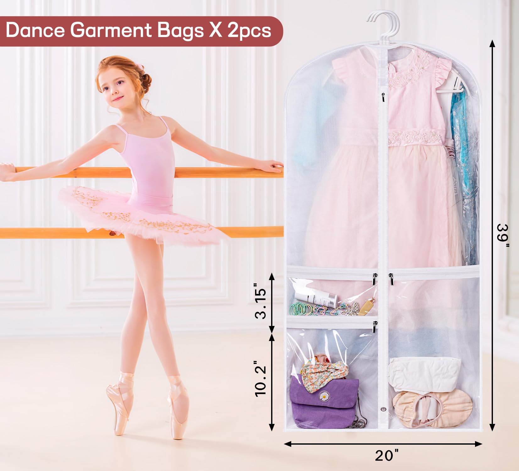 5-Pack Hanging Garment Bags & 2-Pack Costume Dance Garment Bags - Travel Storage, Closet Organization, and Costume Protection for Dancers