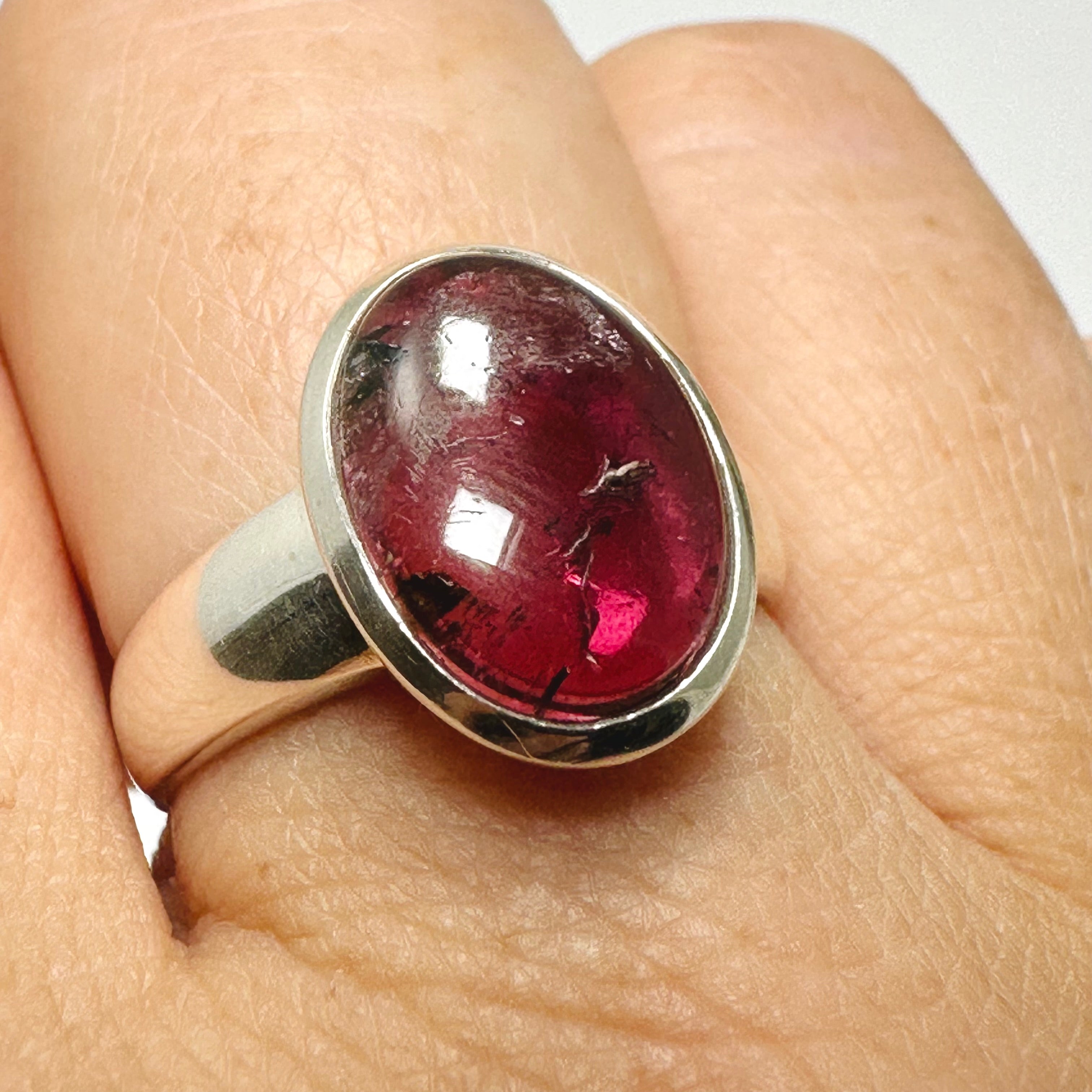 Natural Pink Tourmaline Oval Cabochon Ring - Size 9 Sterling Silver - PRGJ738 - Elegant Jewelry for Women's Daily Wear & Special Occasions