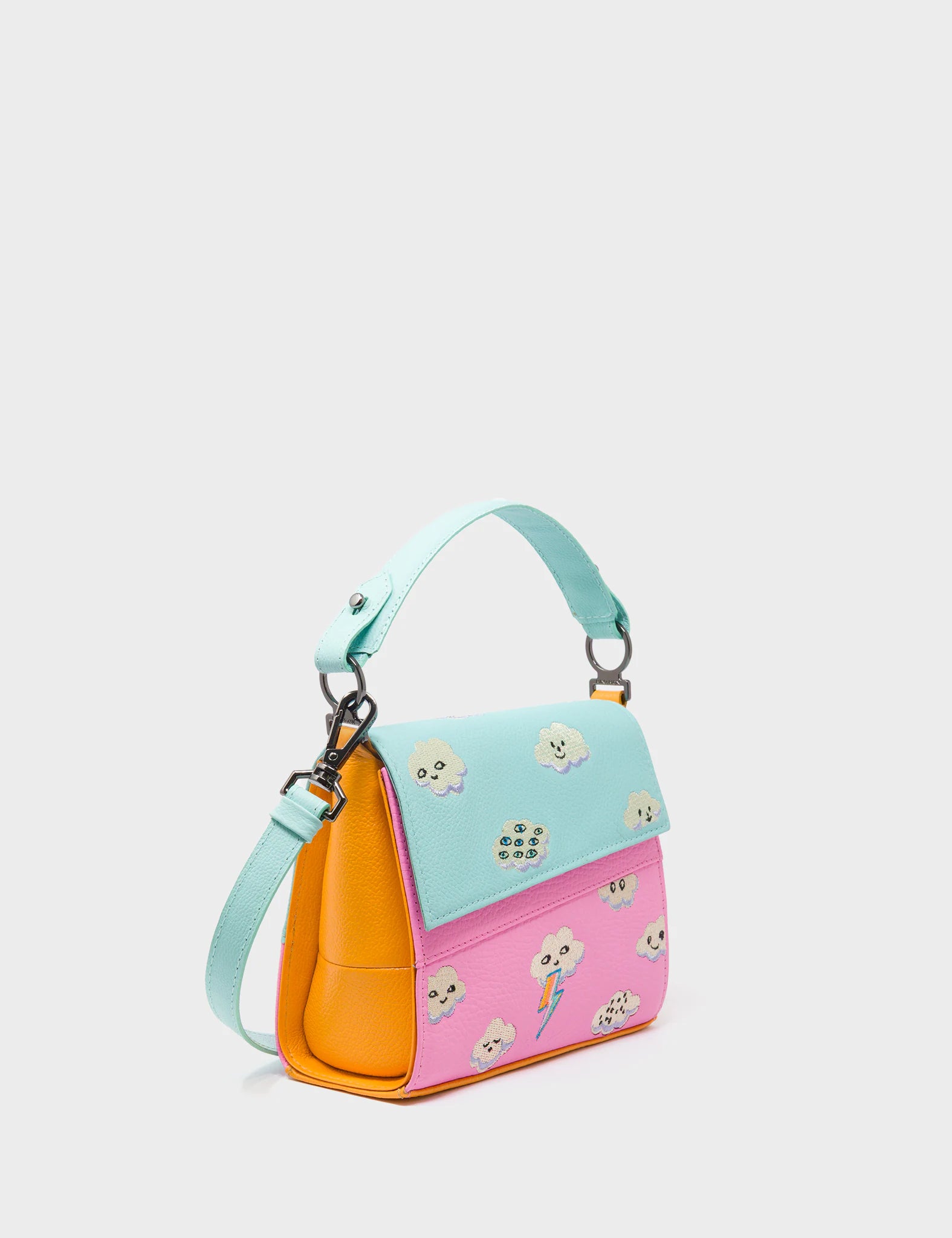 Anastasio Micro Crossbody Handbag - Water Ballet Blue & Bubblegum Pink Leather with Happy Clouds Design | Perfect for Everyday Use, Travel & Date Nights