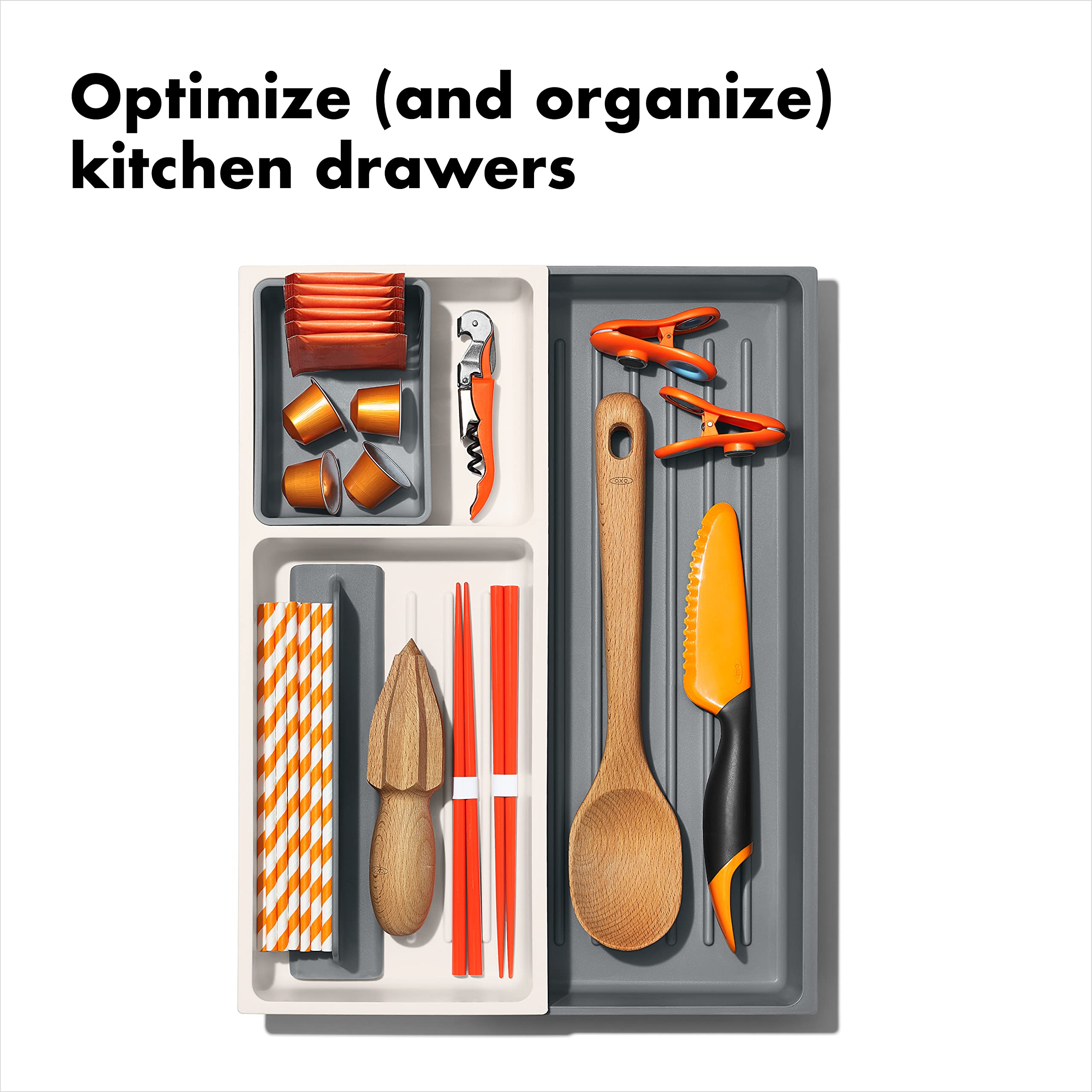 OXO Good Grips Expandable Kitchen Drawer Organizer - White | Expandable Utensil Storage for Spoons, Forks & Cooking Tools | Perfect for Kitchen Drawers, Countertops & Pantry Organization