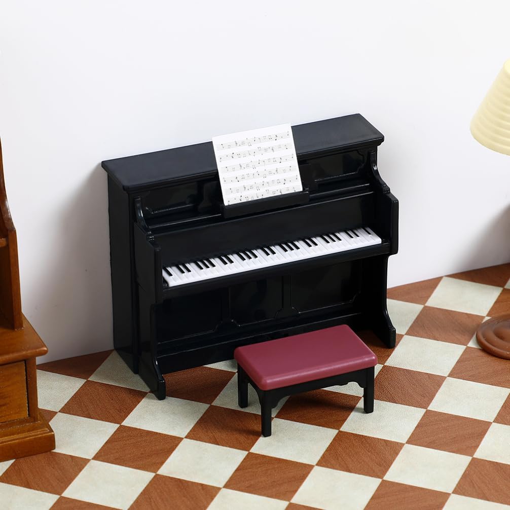 Miniature Piano & Stool Set for Dollhouse - 2 Piece Tiny Musical Instrument with Sheet Music - Perfect for Dollhouse Decor, Miniature Collectibles & DIY Craft Projects