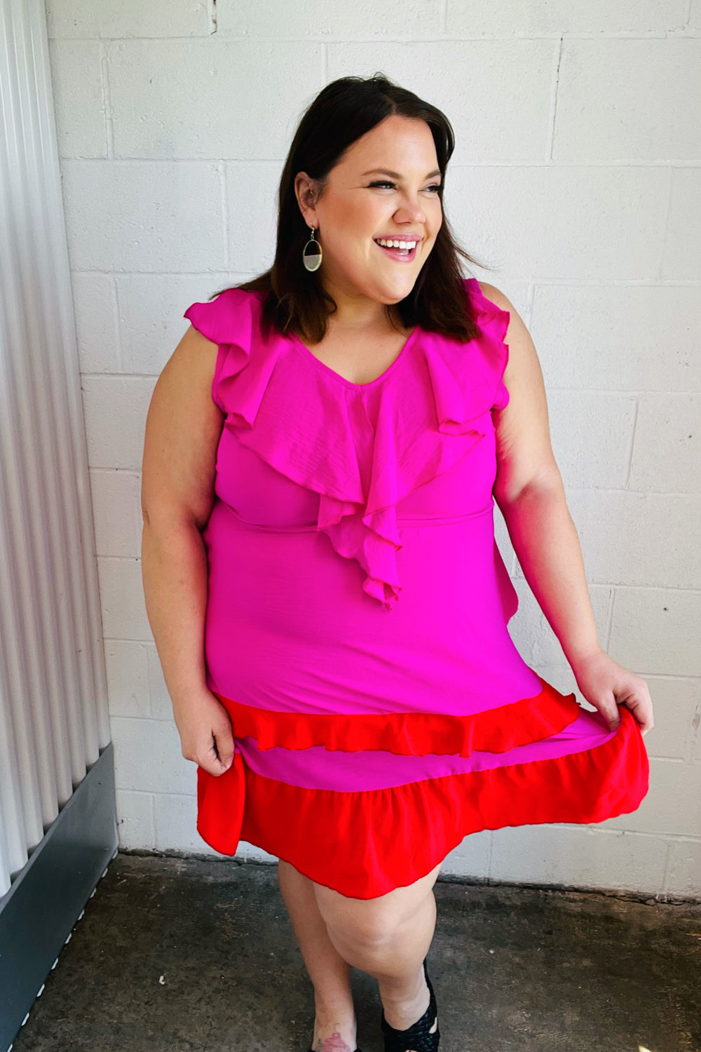 Fuchsia Ruffle V-Neck Crepe Tiered Midi Dress for Women - Flowy Party & Wedding Guest Outfit - Elegant Cocktail & Summer Dresses