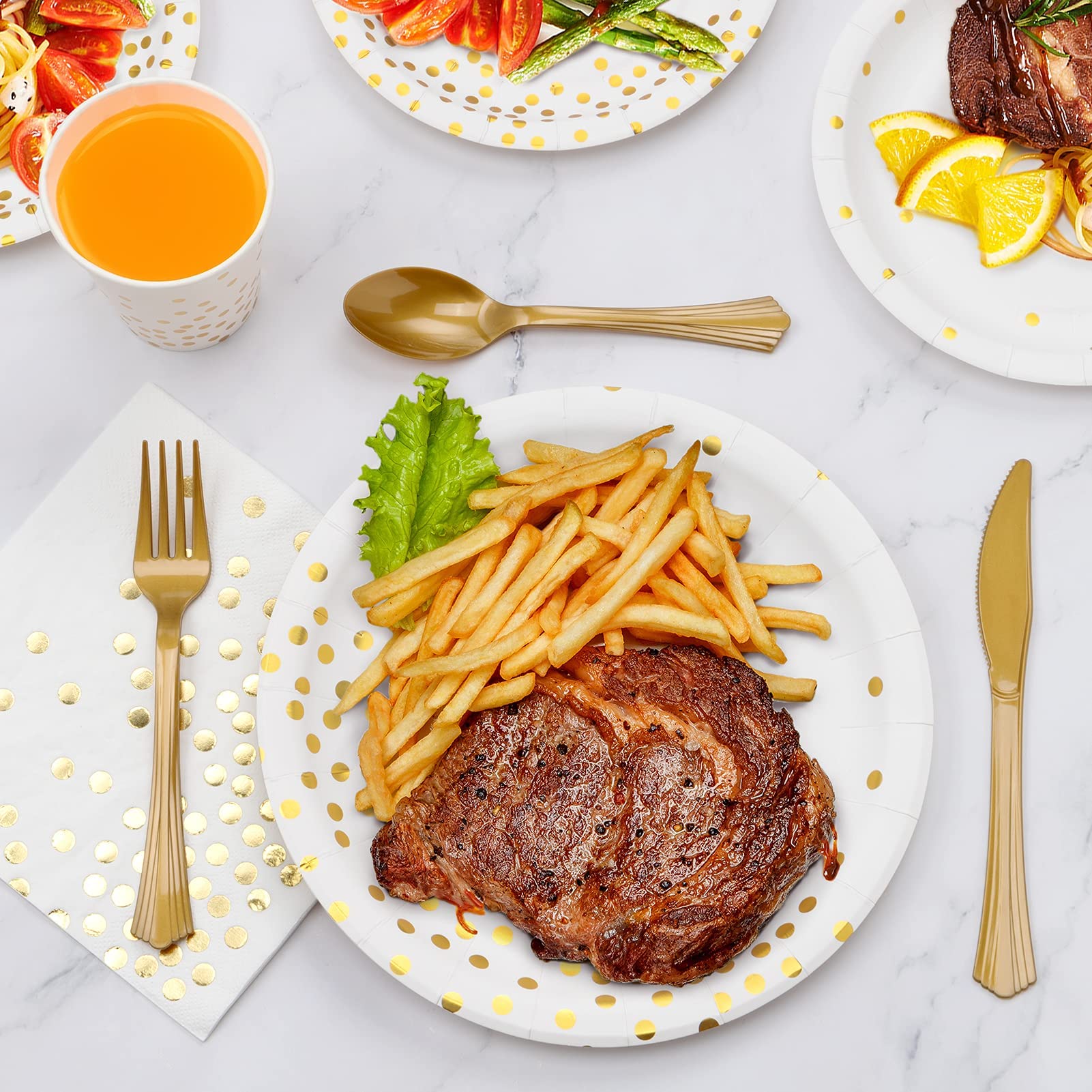 350PCS White & Gold Disposable Dinnerware Set - Paper Plates, Napkins, Cups, Plastic Forks, Knives & Spoons - Elegant Party Supplies for Birthday, Christmas, Retirement & New Year's Eve 2025 Decorations - Perfect for Women & Men's Celebrations, Dinner Parties & Special Events