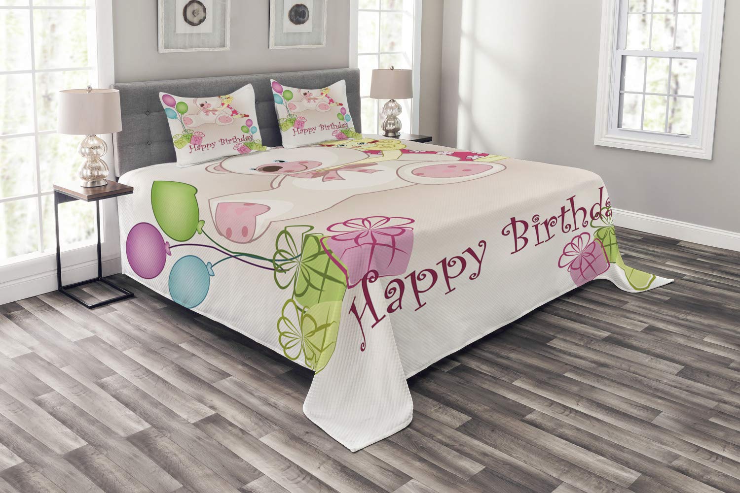 Ambesonne King Size 3-Piece Birthday Party Bedspread Set with 2 Pillow Shams - Colorful Teddy Bears, Balloons & Dolls Cartoon Print Bedding in Pale Pink | Perfect for Kids' Rooms, Birthday Decorations & Themed Bedrooms