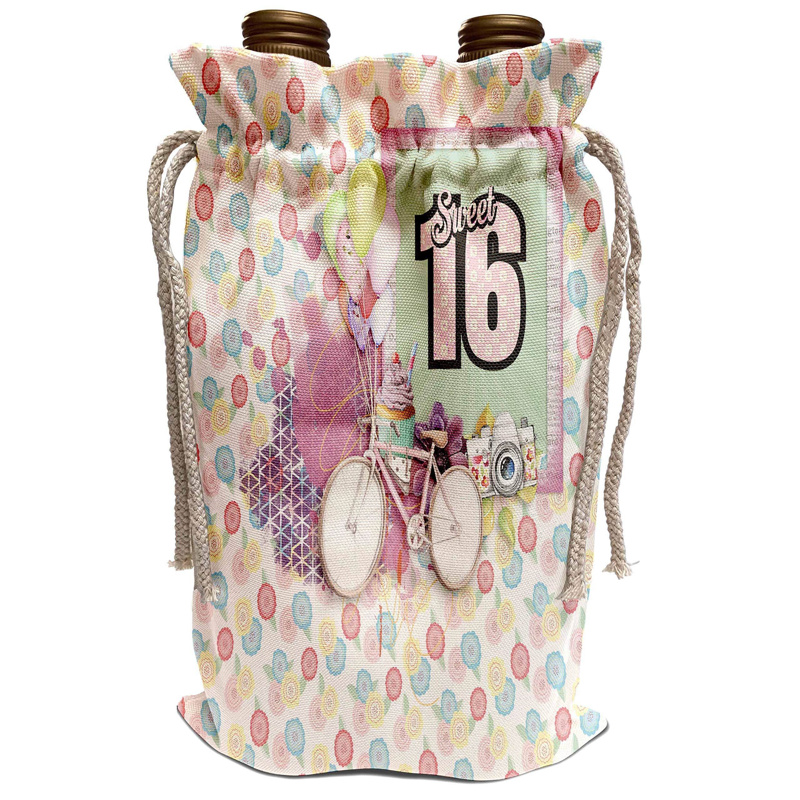 3D Rose Sweet Sixteen Birthday Party Wine Bag - 16th Birthday Gifts for Girls, Bike, Cupcake, Camera, Balloons & Flowers Design - Perfect for Wine Bottles, Party Favors & Special Occasions