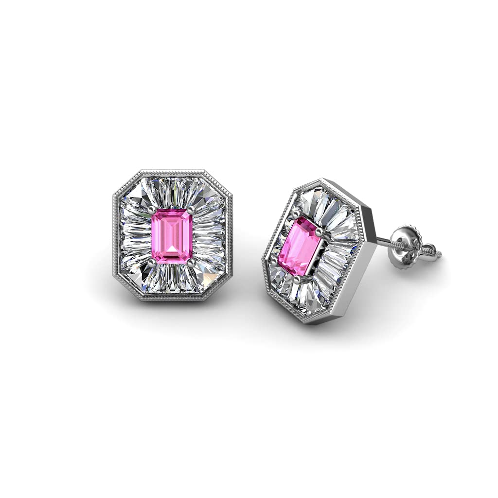 Natural Pink Sapphire & Diamond Emerald Cut Stud Earrings for Women - 1 1/2 ctw, 14K Gold Milgrain Detail - Perfect for Weddings, Anniversaries & Special Occasions