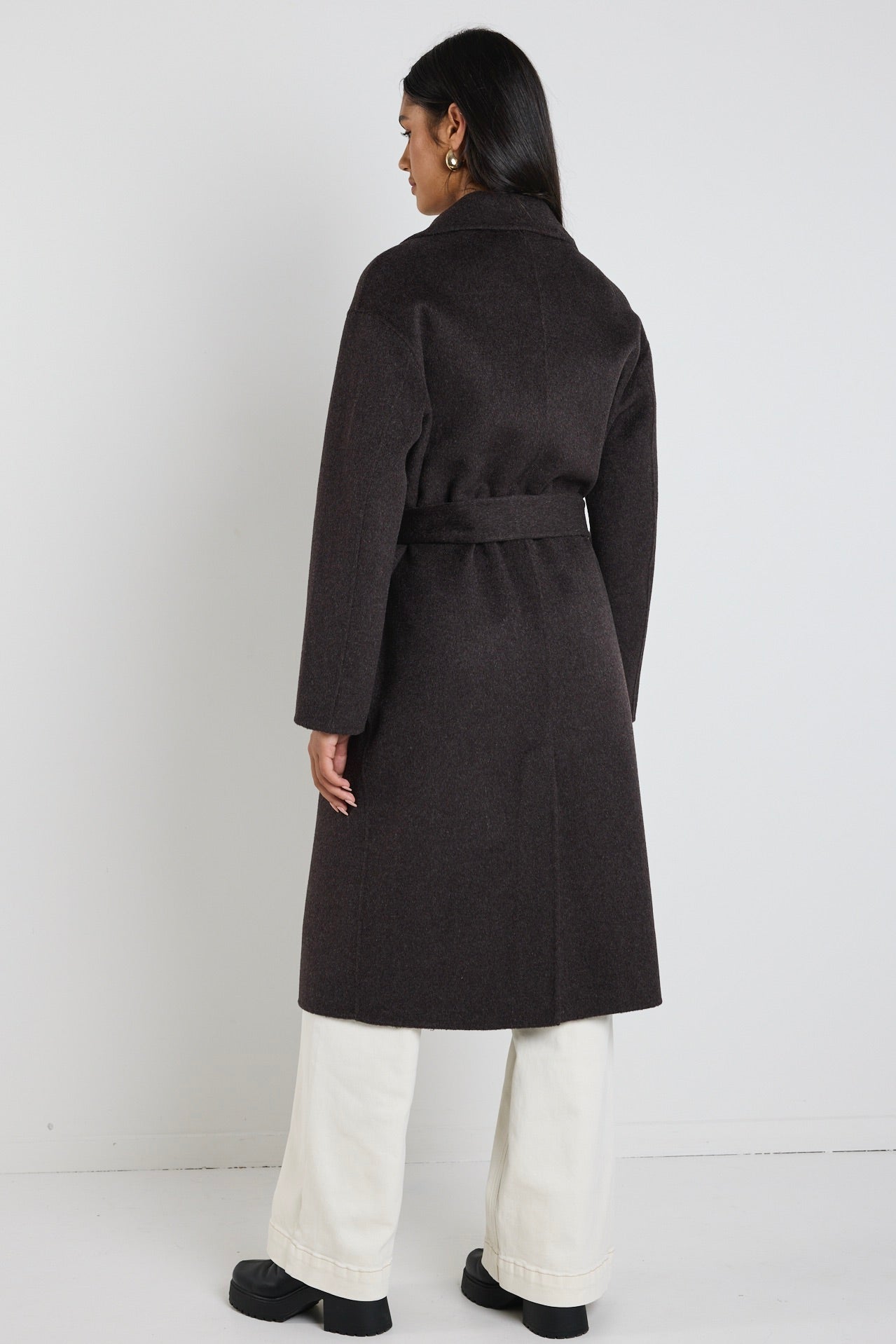 Geneva Chocolate Marble Wool Belted Coat - Women's Winter Trench Coat for Office & Casual Wear