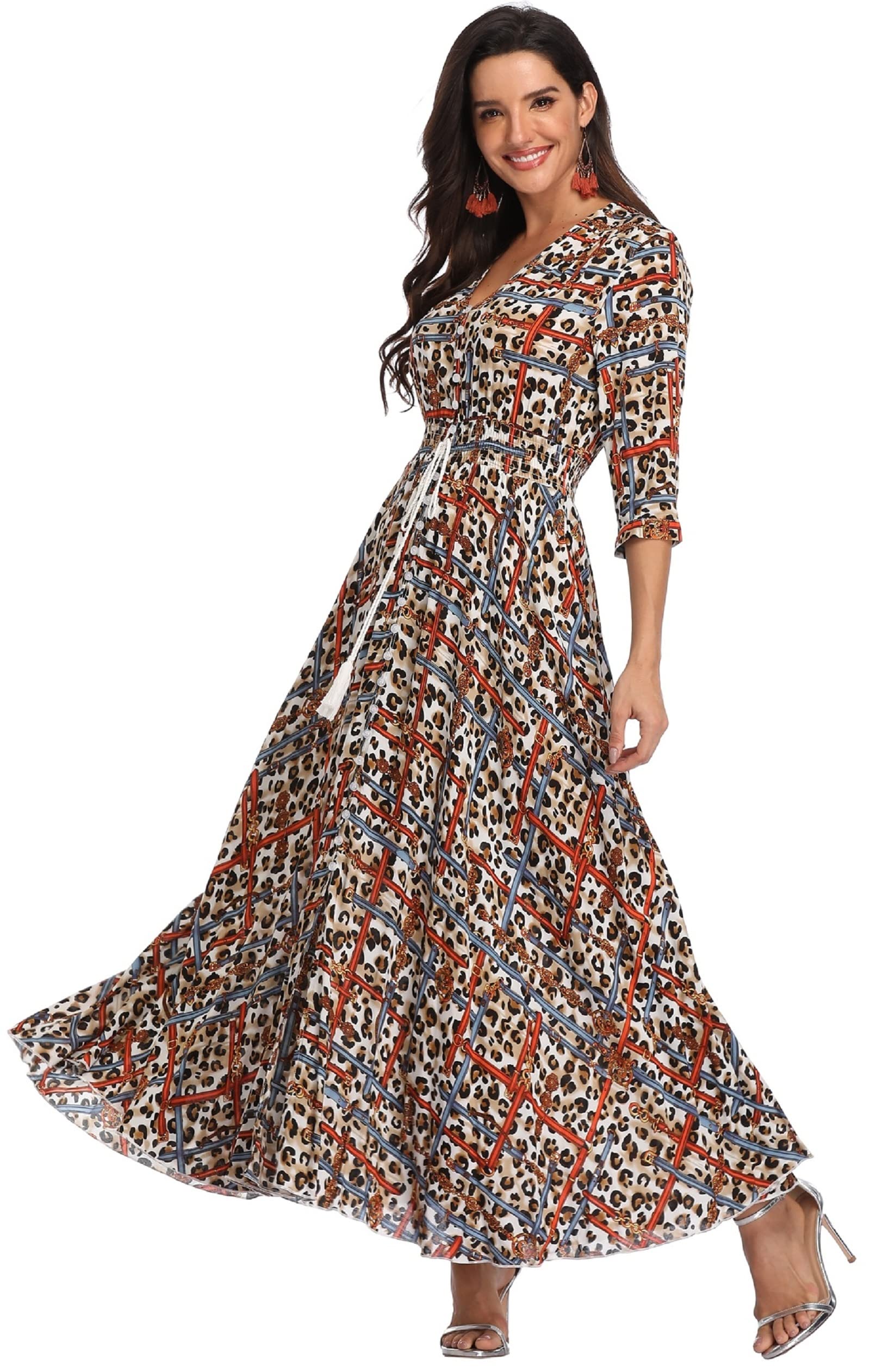 Boho Floral Maxi Dress for Women - Long Flowy Button Up Dress with Half Sleeves & Side Split | Perfect for Beach Vacations, Summer Parties & Casual Outings