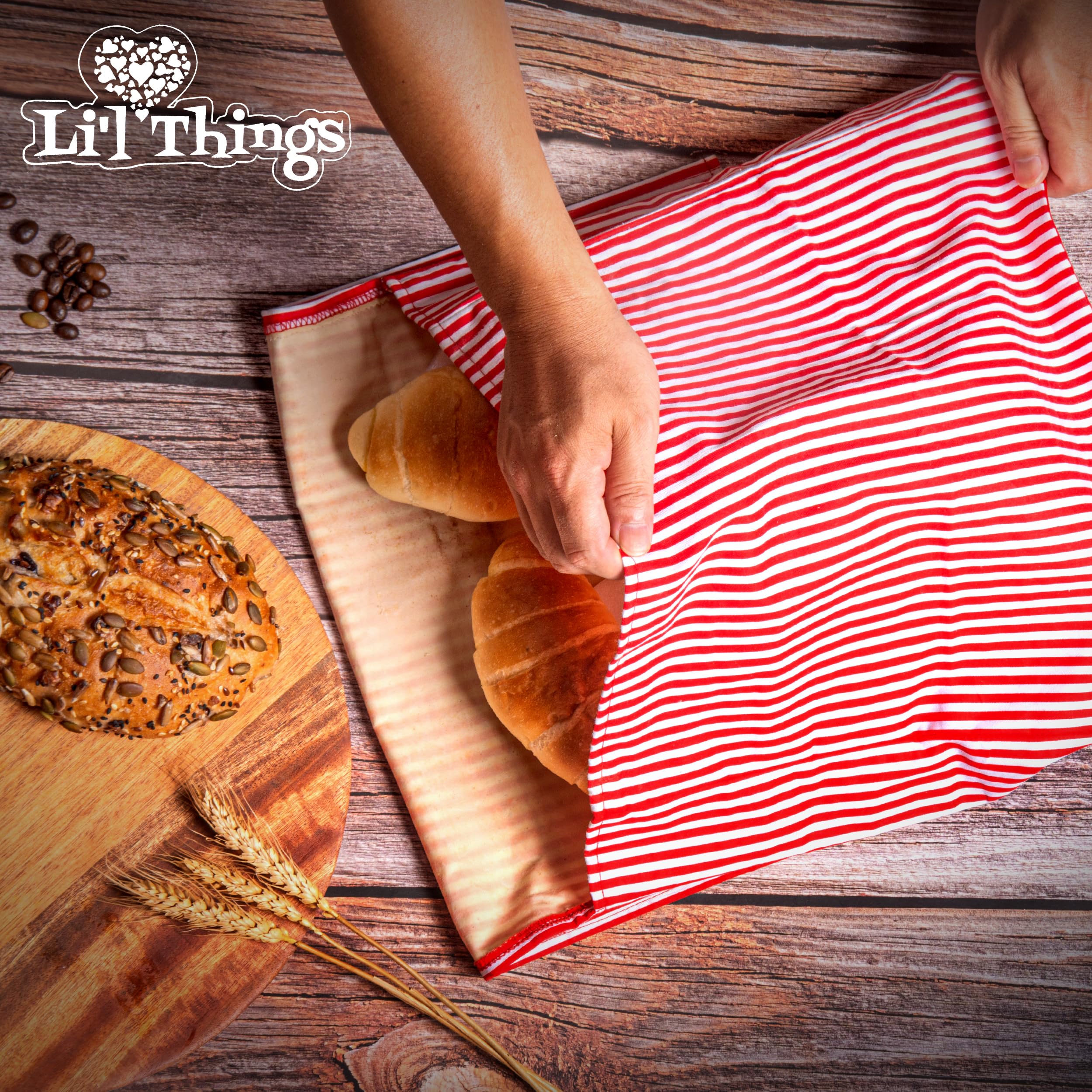 Eco-Friendly Reusable Beeswax Bread Bags Set of 2 Sizes (13x13 & 15x9 inches) - 6 Themed Food Storage Wraps for Homemade & Store-Bought Bread - Perfect for Picnics, Lunchboxes & Sustainable Kitchen Use - Stripey Red Design