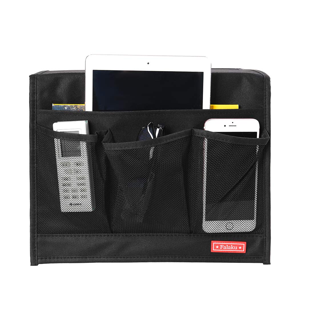 Bedside Caddy Organizer - Under Mattress Storage with 4 Pockets for Books, Magazines, Phone & Remote - Perfect for Bedroom, Dorm, RV & Hospital Use (Black)