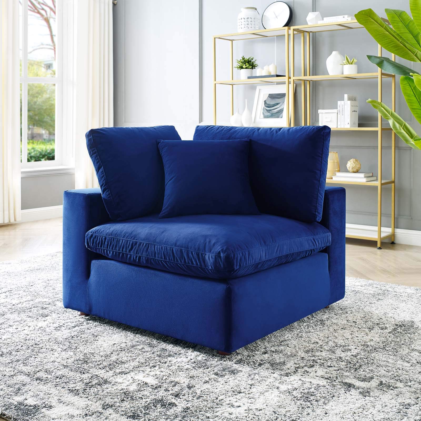 Modway Commix Down-Filled Overstuffed Performance Velvet Sectional Sofa Corner Chair - Luxurious Living Room Furniture for Modern Home & Apartment Decor