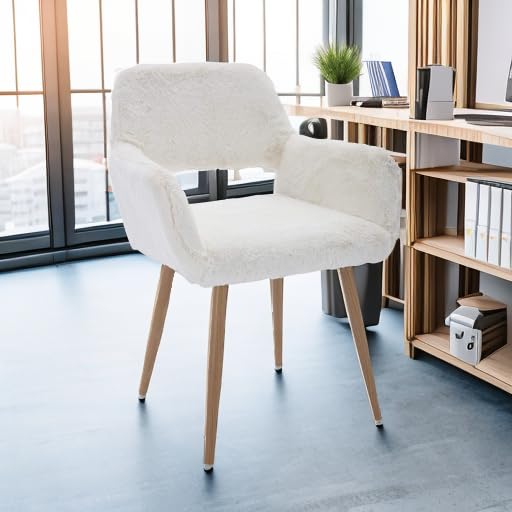 KCC Furry Desk Chair - Mid-Century Modern Accent Armchair with Faux Fur Upholstery & Wood-Look Metal Legs - Comfortable Seating for Teen Girls - Perfect for Living Room, Dining Room, Home Office, Vanity or Makeup Area (White, No Wheels) - Ideal for Study Sessions, Gaming, and Relaxing