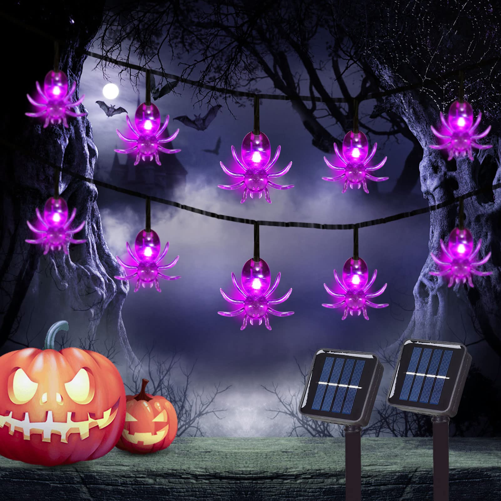 2 Pack Halloween Solar Spider Lights Outdoor - Purple Fairy String Lights with 8 Modes & 30 LEDs, Waterproof Solar-Powered Decor for Yard, Garden, Patio - Perfect for Halloween Party, Home Decoration & Outdoor Lighting