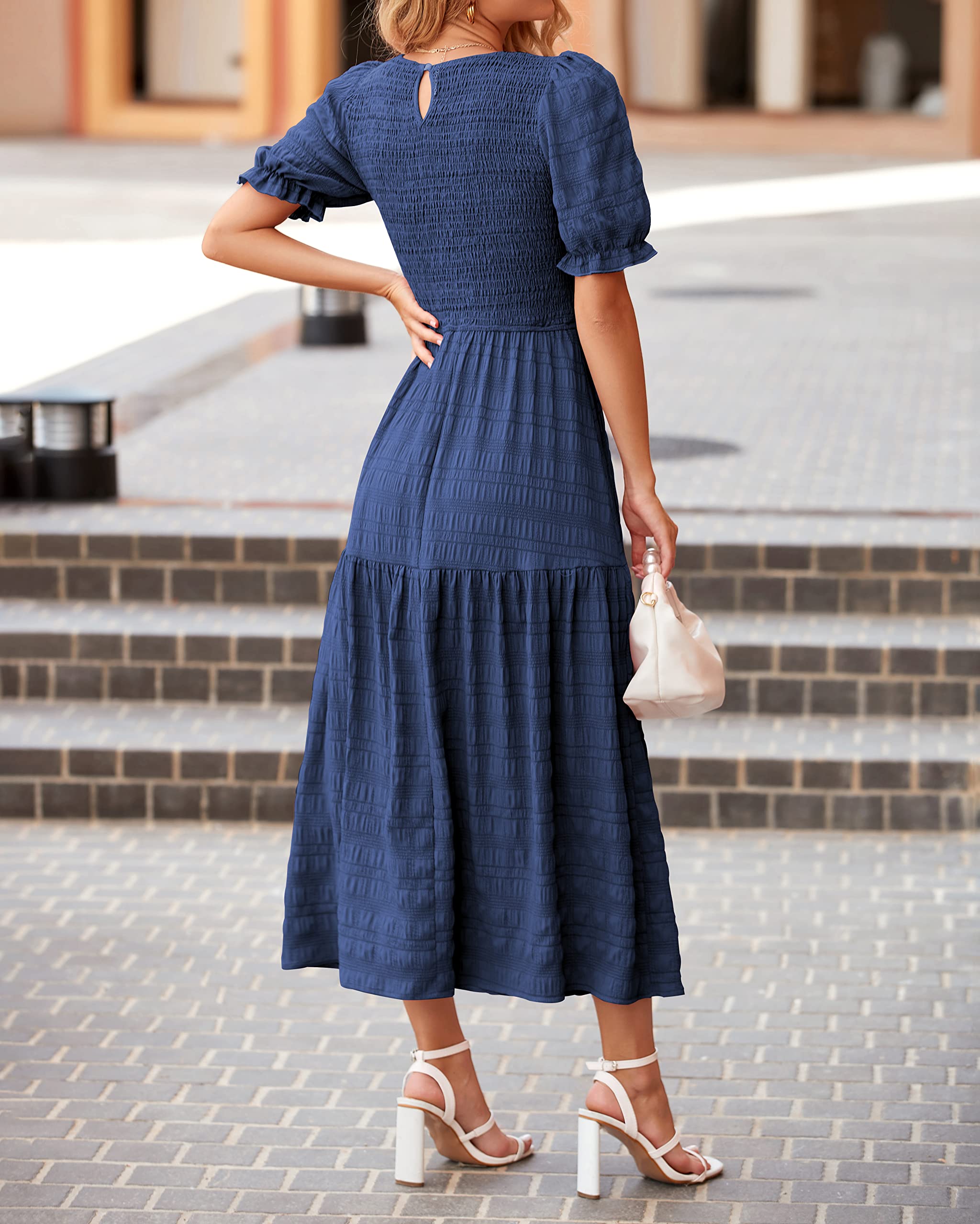 Dowerme Women's Summer Dresses 2025 - Casual Puff Short Sleeve Crewneck Smocked Flowy Boho Maxi Sundress for Beach, Party & Vacation | Lightweight Comfortable Dress for Outdoor Activities