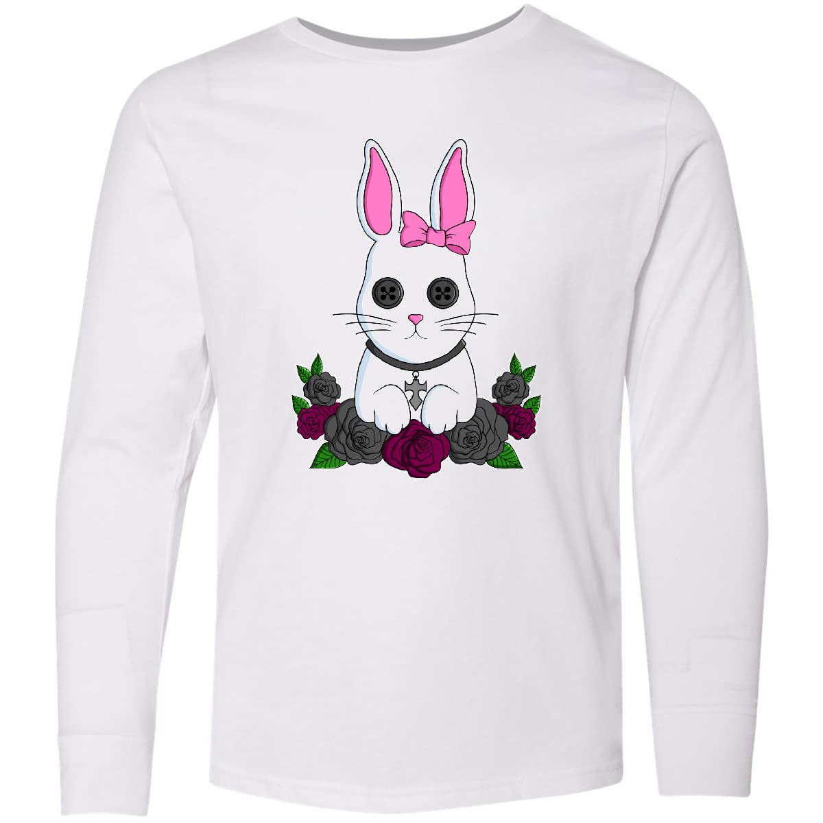 Inktastic Cute Goth Bunny with Purple and Black Roses Youth Long Sleeve T-Shirt | Dark Aesthetic Graphic Tee for Teens | Perfect for Halloween, Concerts & Alternative Fashion