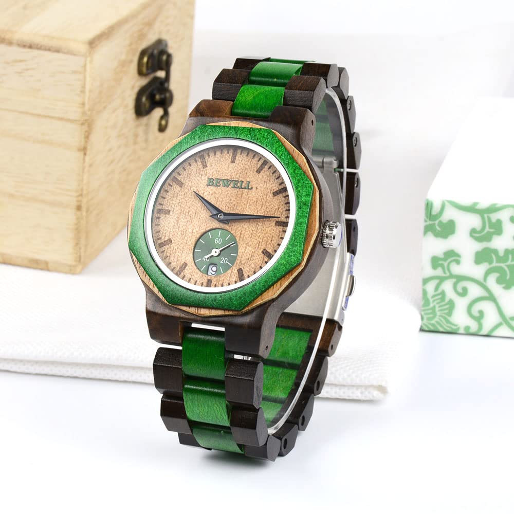 BEWELL Wooden Watch for Men - Natural Wooden Analog Wristwatch with Mixed Color Design, Casual & Stylish - Perfect for Everyday Wear, Outdoor Activities & Gifts