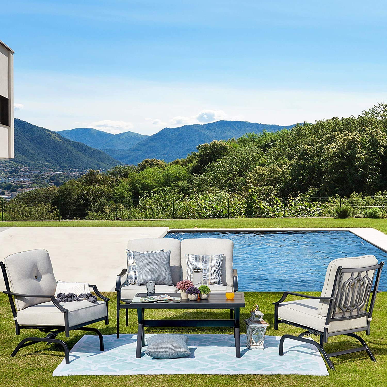 4-Piece Outdoor Patio Furniture Set with All-Weather Cushions - Metal Conversation Set Includes Loveseat, 2 Chairs & Coffee Table for Poolside, Garden, Lawn or Backyard (Beige)