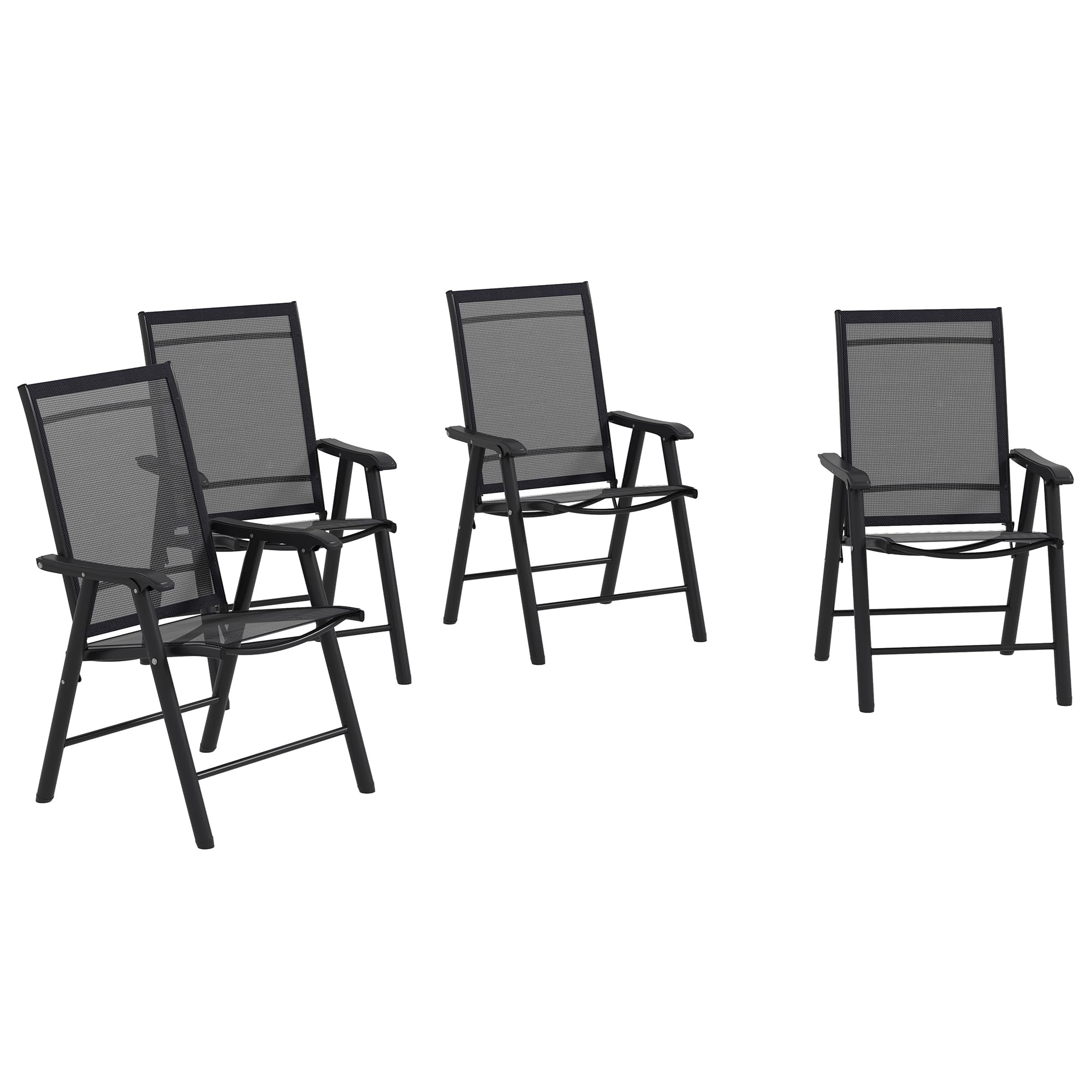 Outsunny 4-Piece Stackable Folding Patio Chairs Set - Black Metal Frame Outdoor Dining Chairs with Armrests for Lawn, Camping, Beach & Backyard - No Assembly Required | Perfect for BBQs, Poolside Lounging & Garden Parties
