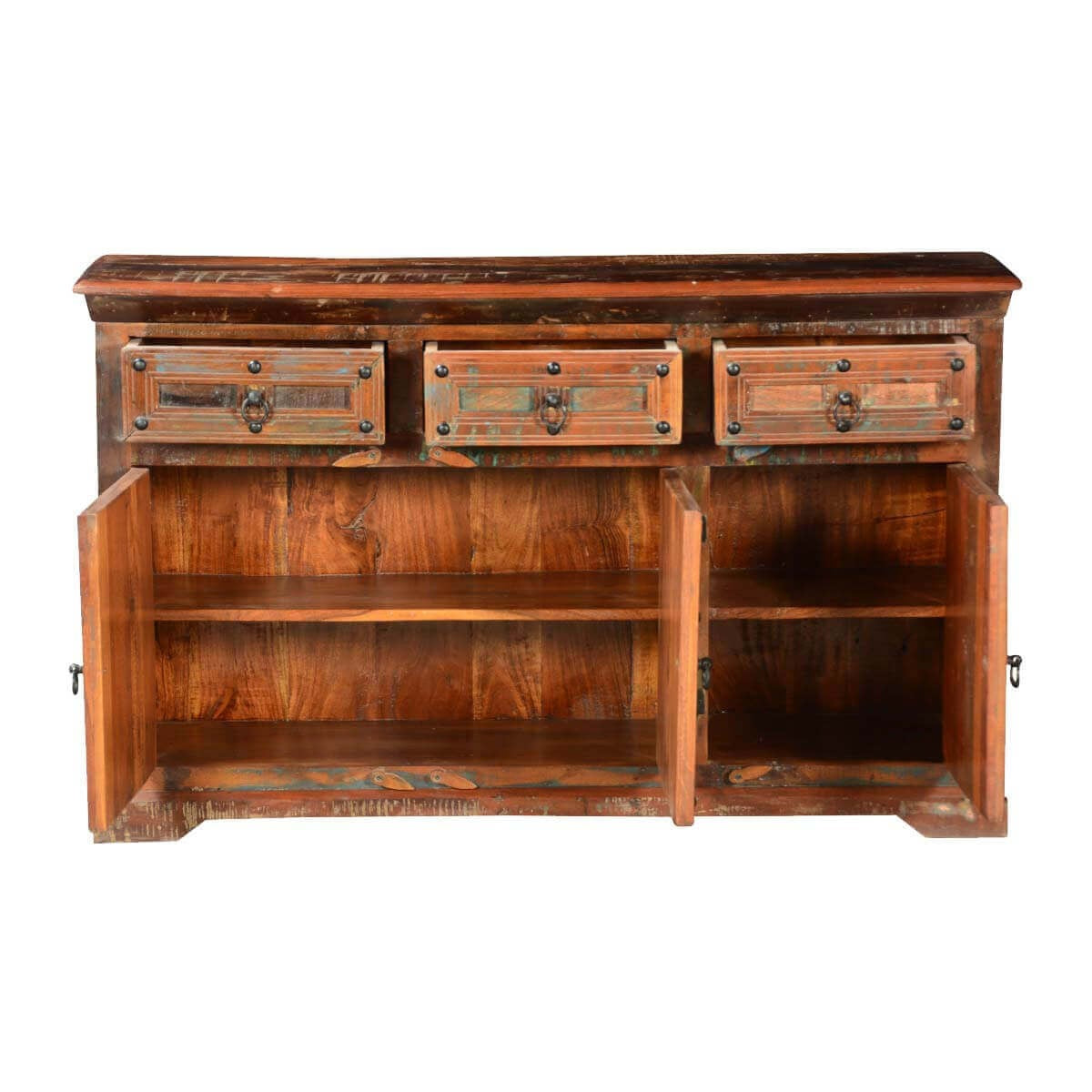 Reclaimed Wood 3-Drawer Buffet Sideboard Cabinet - Rustic Indian Teakwood Storage for Dining Room, Living Room & Entryway