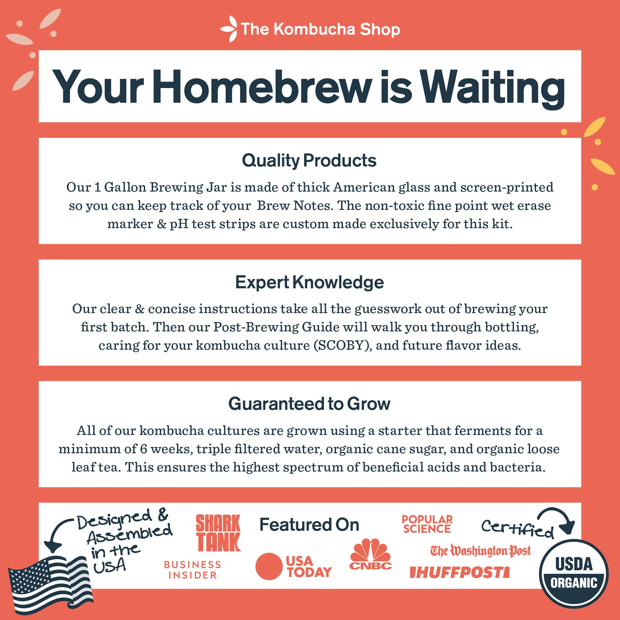 Premium Kombucha Brewing Kit with 10 Gallons of Tea, 6 Swing Top Bottles, Stainless Steel Funnel & Bottle Brush | Complete Home Brew Starter Set for Healthy Fermented Drinks | Perfect for Beginners & Kombucha Enthusiasts