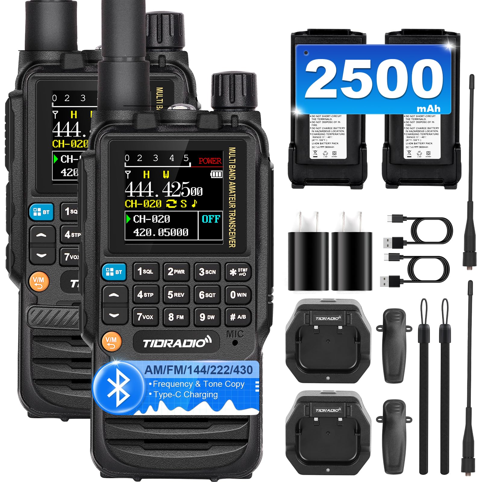 TIDRADIO TD-H3 8-Band Ham Radio Rechargeable Walkie Talkies - 2500mAh Long Range Two Way Radios with NOAA Weather Alerts, FM/AM, DTMF & Wireless Replication (2 Pack) - Perfect for Outdoor Adventures, Emergency Communication & Construction Sites