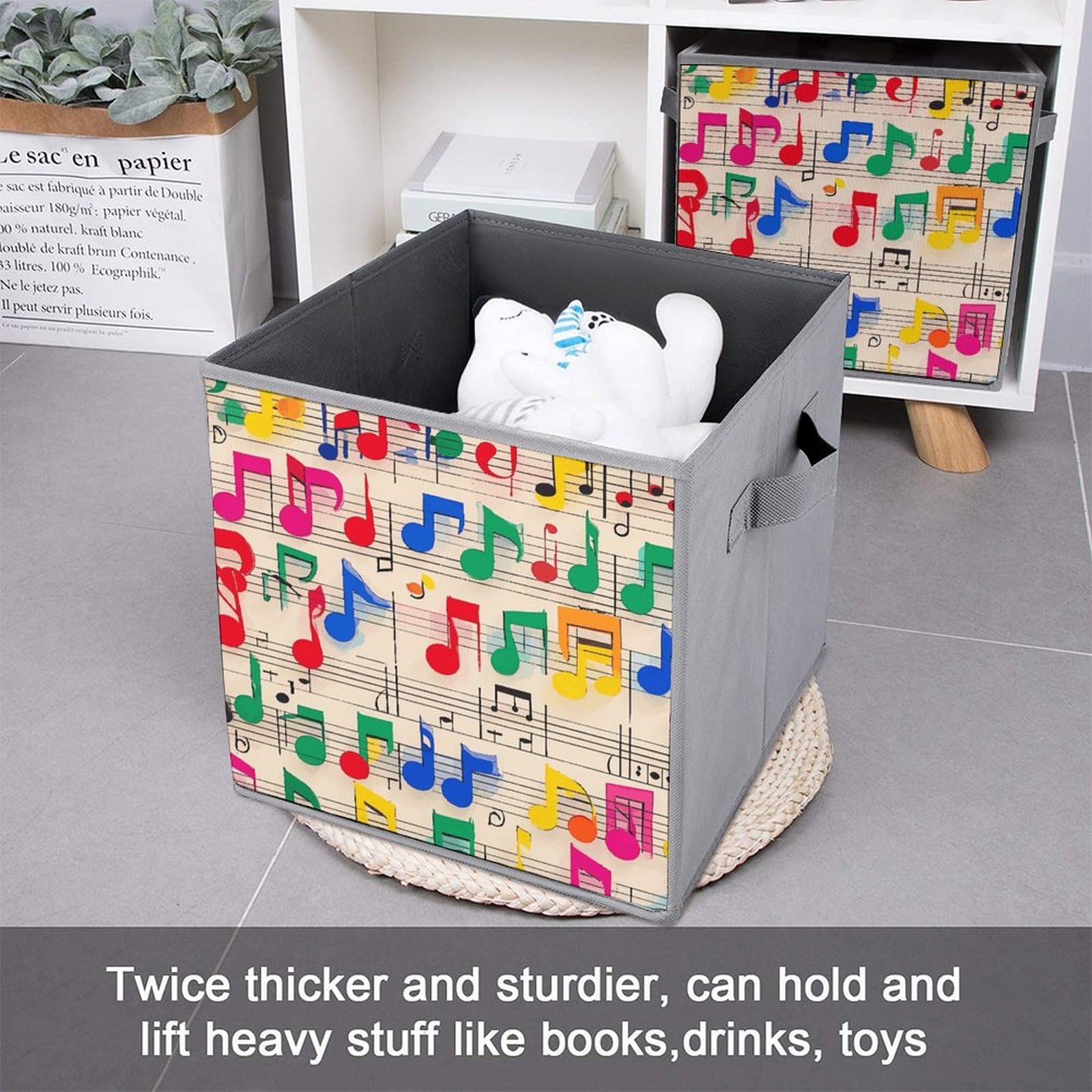 6-Piece Collapsible Storage Bins with Handles - Colorful Musical Notes Design, Foldable Organizing Baskets for Shelves, Closet, Kitchen & Bathroom - Space Saving Home Organization Solution for Toys, Books & Household Items