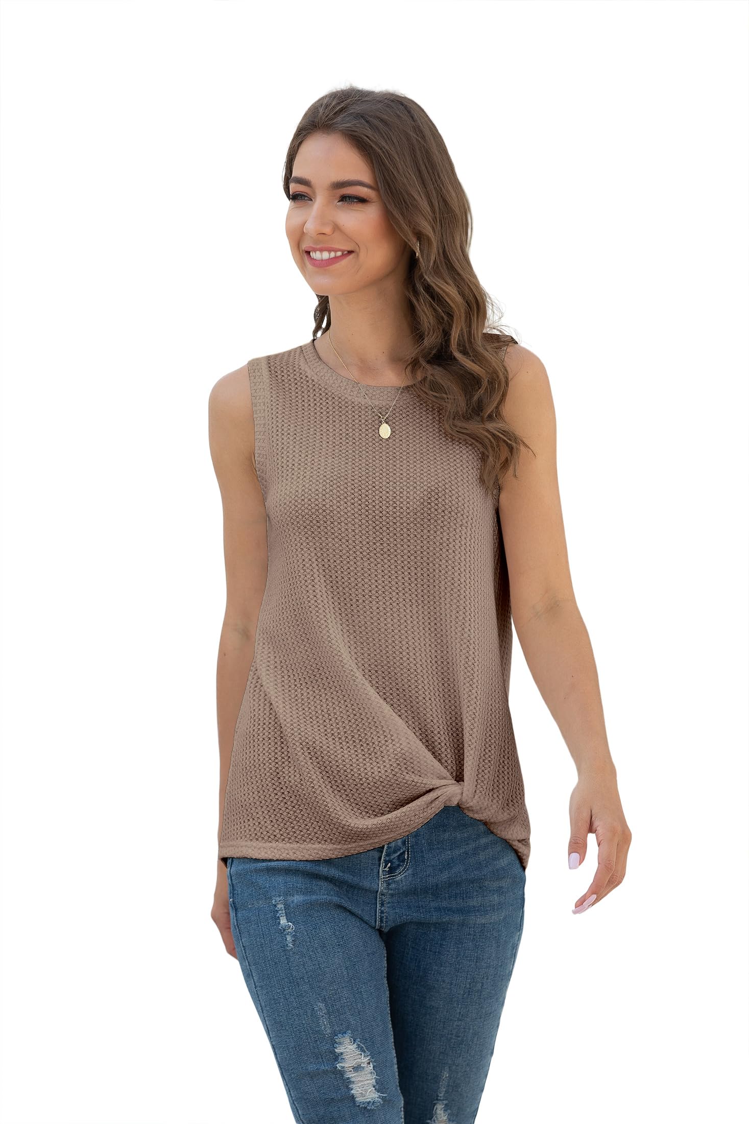 IWOLLENCE Women's Waffle Knit Tank Top - Casual Sleeveless Blouse with Twist Knot Detail | Perfect for Summer Outfits, Beach Wear & Layering