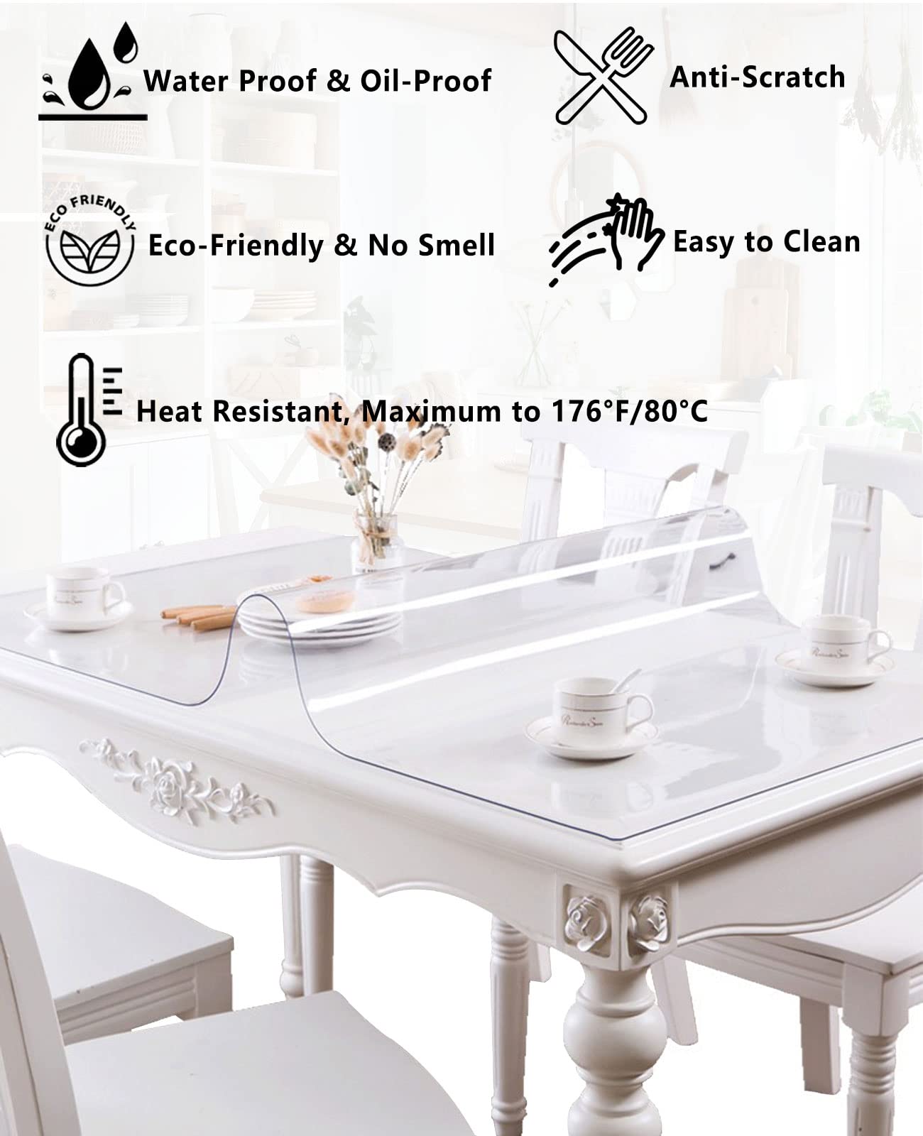 36x62 Inch Clear Plastic Table Cover - 1.5mm Thick Waterproof Table Protector with Reinforced Corners for Dining Room, Kitchen & Wood Tables | Perfect for Parties, Daily Use & Holiday Gatherings