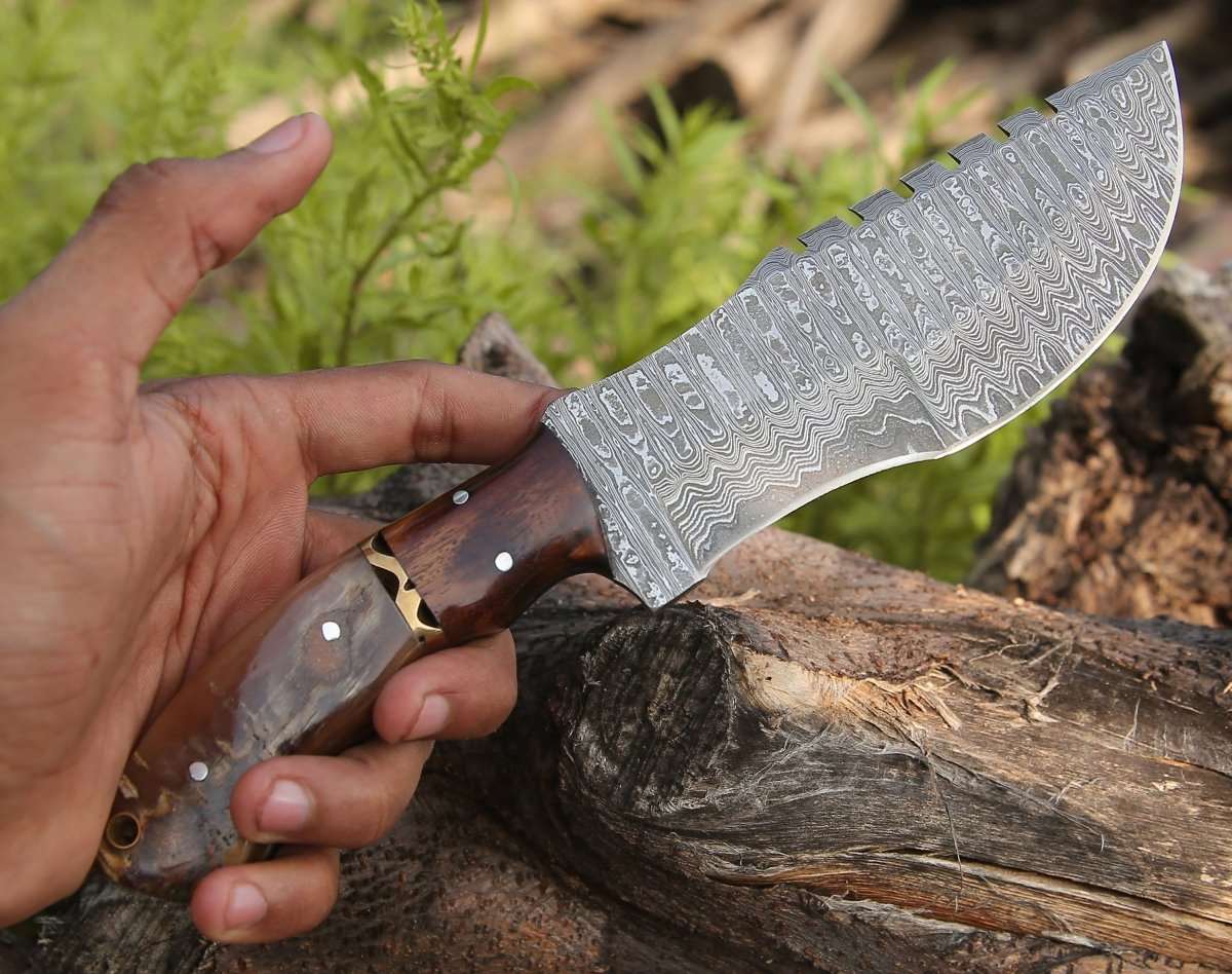 Premium Damascus Steel Tracker Knife with Ram Horn Handle - Hunting, Camping & Outdoor Survival Tool