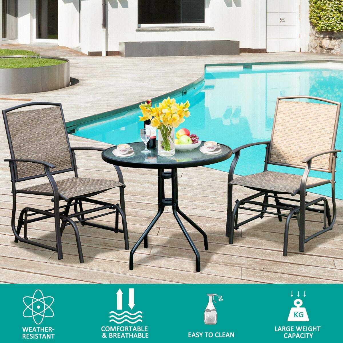 Tangkula 3-Piece Outdoor Bistro Set with Rocking Glider Chairs & Glass Table - Patio Furniture with Umbrella Hole for Garden, Deck, and Backyard Relaxation