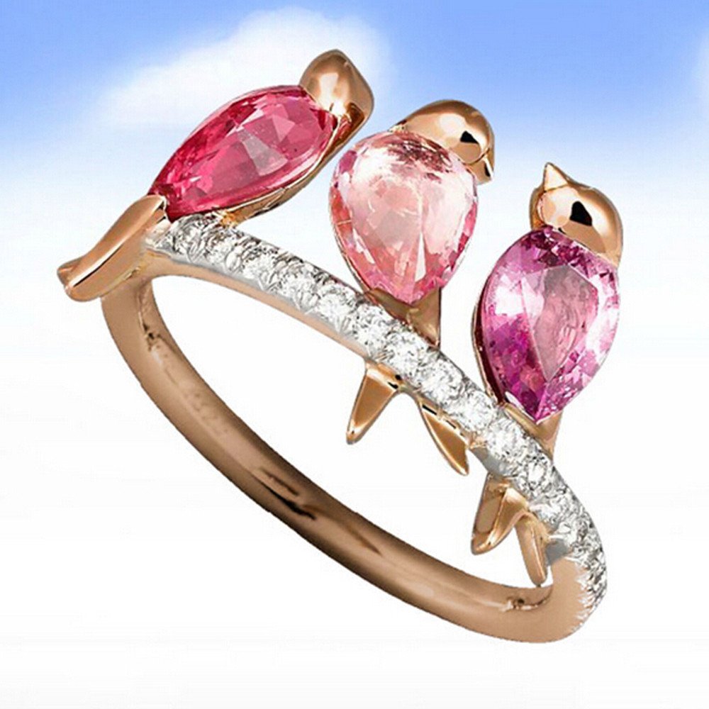 Elegant Rose Gold Plated Animal Jewelry Ring with Ruby Inlay - 3 Birds Design for Women & Men | Perfect Gift for Christmas, Valentine's Day, Anniversary & Special Occasions | Fashion Jewelry for Daily Wear, Parties & Romantic Dates