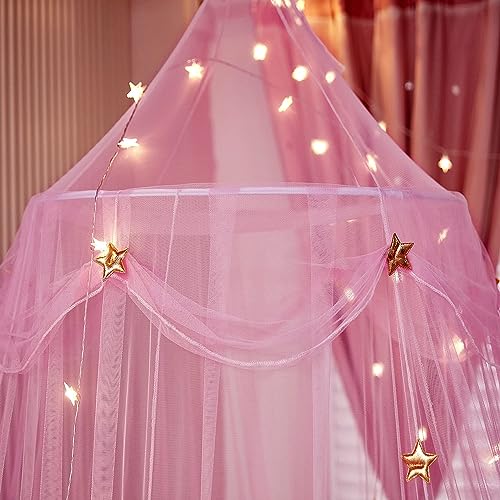 Princess Bed Canopy with Lights - Pink Mosquito Net for Girls & Adults, Round Dome Bed Netting for Romantic Bedroom Decor & Sleep Protection
