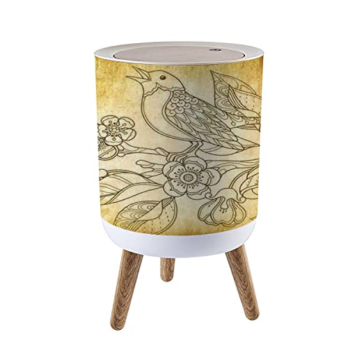 Doodle Style Small Trash Can with Lid - 1.8 Gallon Spring Garden Design Featuring Singing Bird on Bloom - Round Press Cover Garbage Bin for Kitchen, Bathroom & Living Room - Dog Proof Wastebasket for Home & Office Use