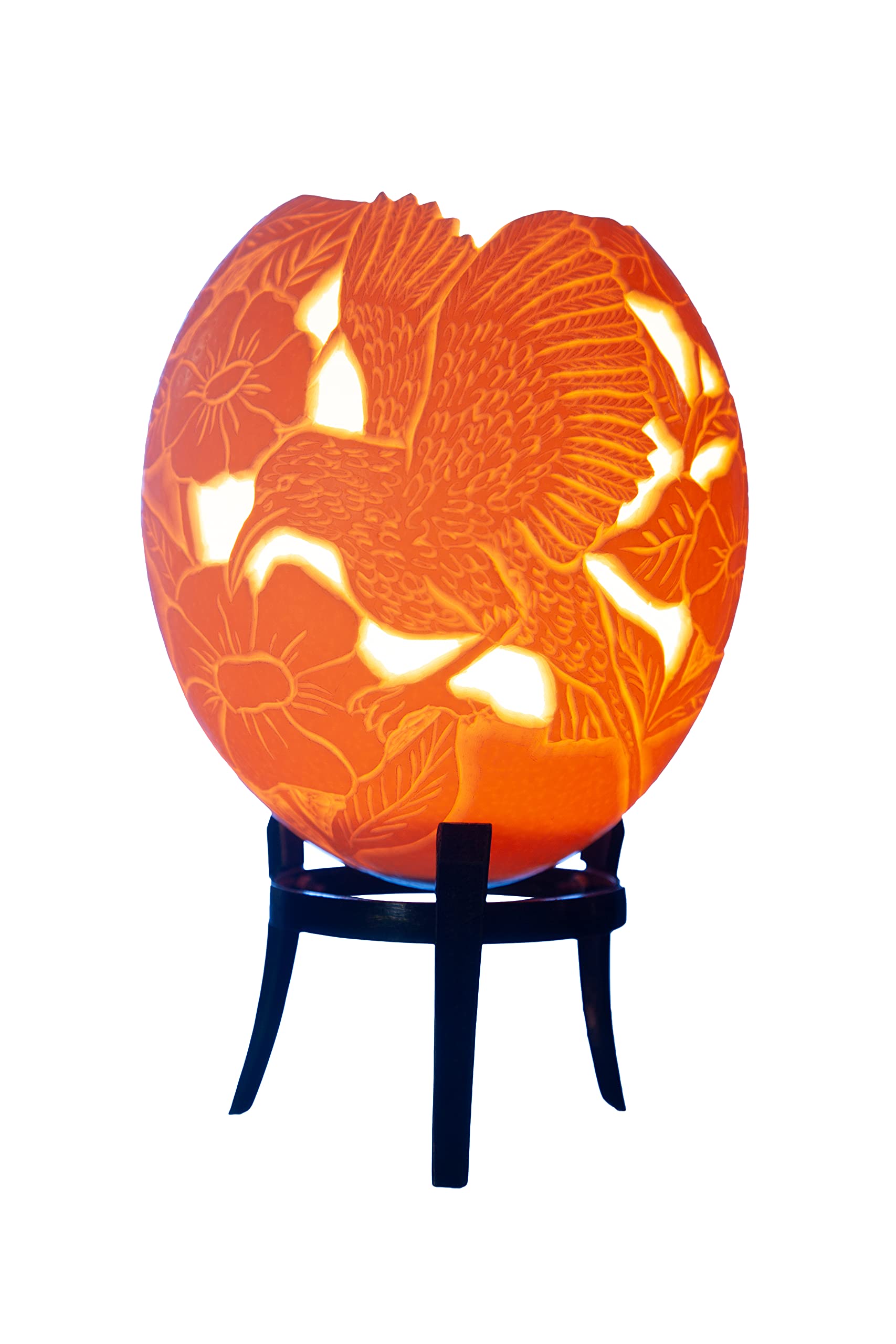 Hand-Carved Ostrich Egg Tea Light Holder with Hummingbird & Flower Design - Perfect for Wedding Centerpieces, Home Decor, and Romantic Ambiance
