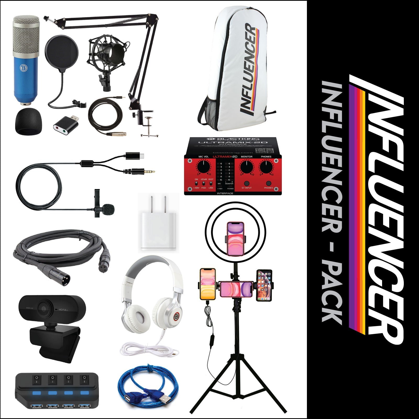 Blastking IP WPACK BLU Influencer Pack - Complete Streaming Kit with ULTRAMIX 2D Interface, IP LED Ring & Mic Kit | Perfect for Twitch, YouTube & Podcasting