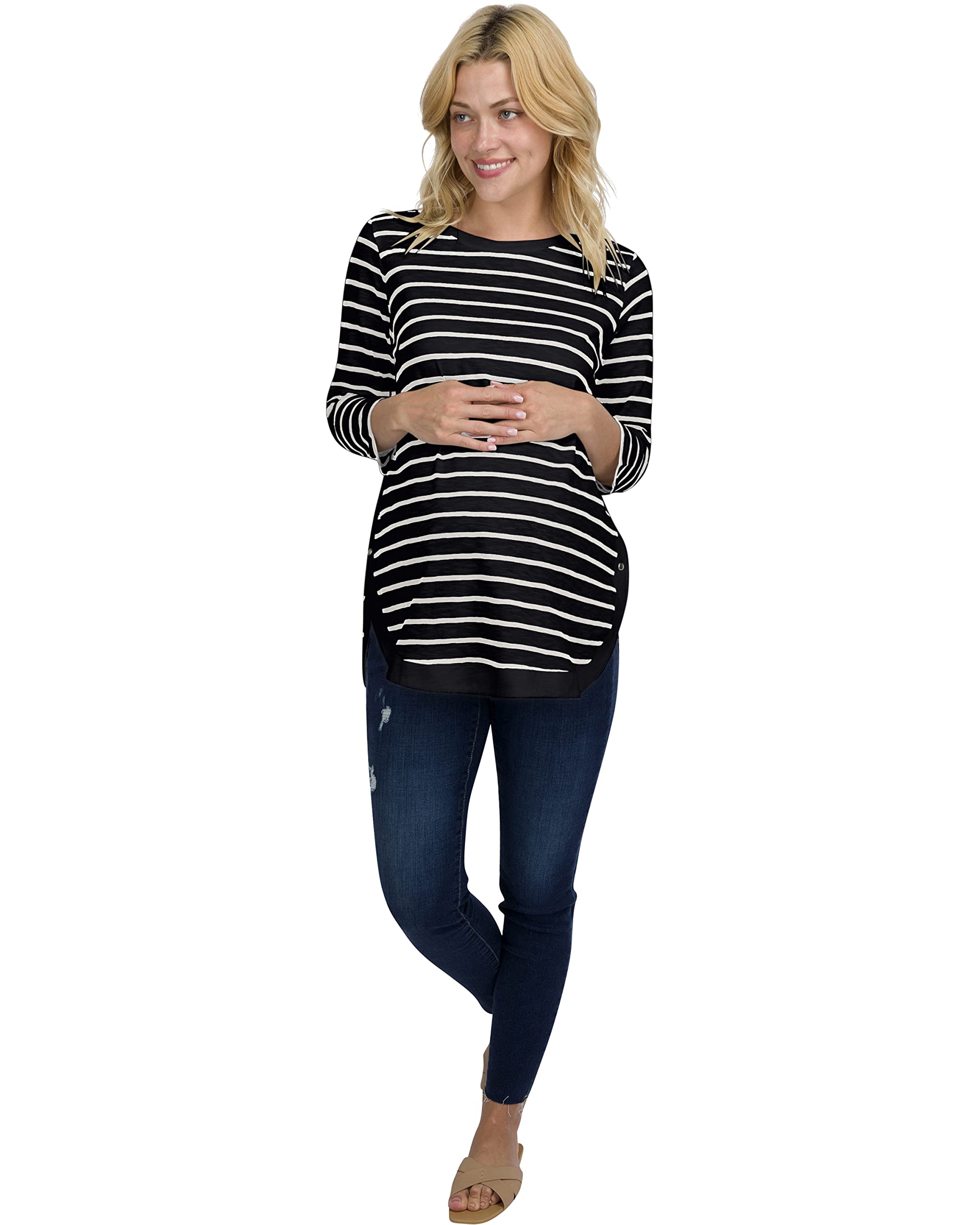 Striped Side-Button Maternity Nursing Long Sleeve Top - Lightweight Pregnancy Shirt & Blouse for Office Work - Comfortable Professional Wear for Moms