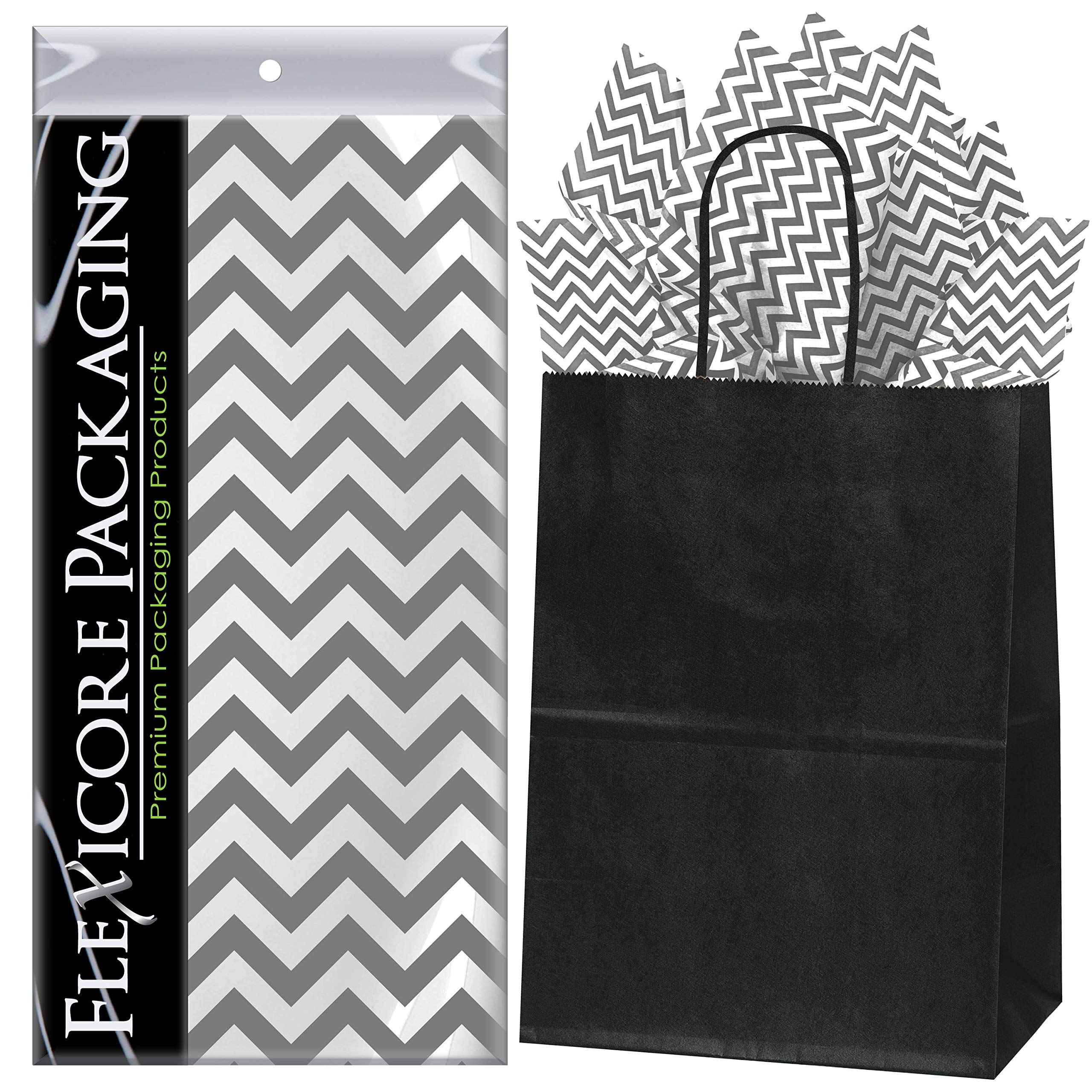 Premium Black Kraft Paper Gift Bags with Gray Chevron Design - 8