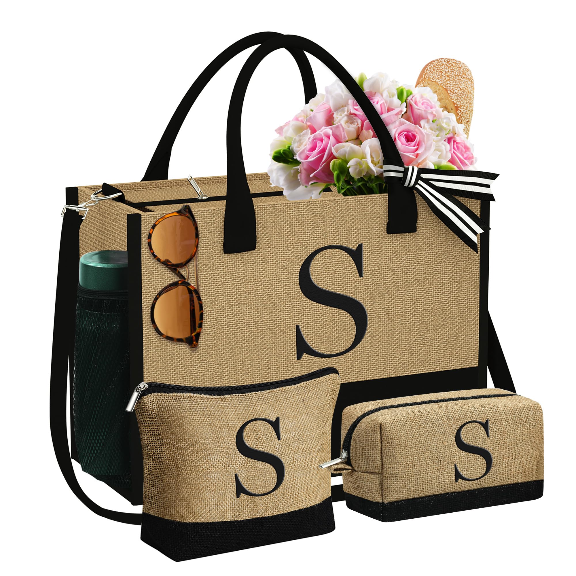 YOOLIFE Personalized Jute Tote Bag with 2 Zippered Makeup Bags - Eco-Friendly Mom & Best Friend Gift Set for Women, Ideal for Travel, Shopping, and Daily Use