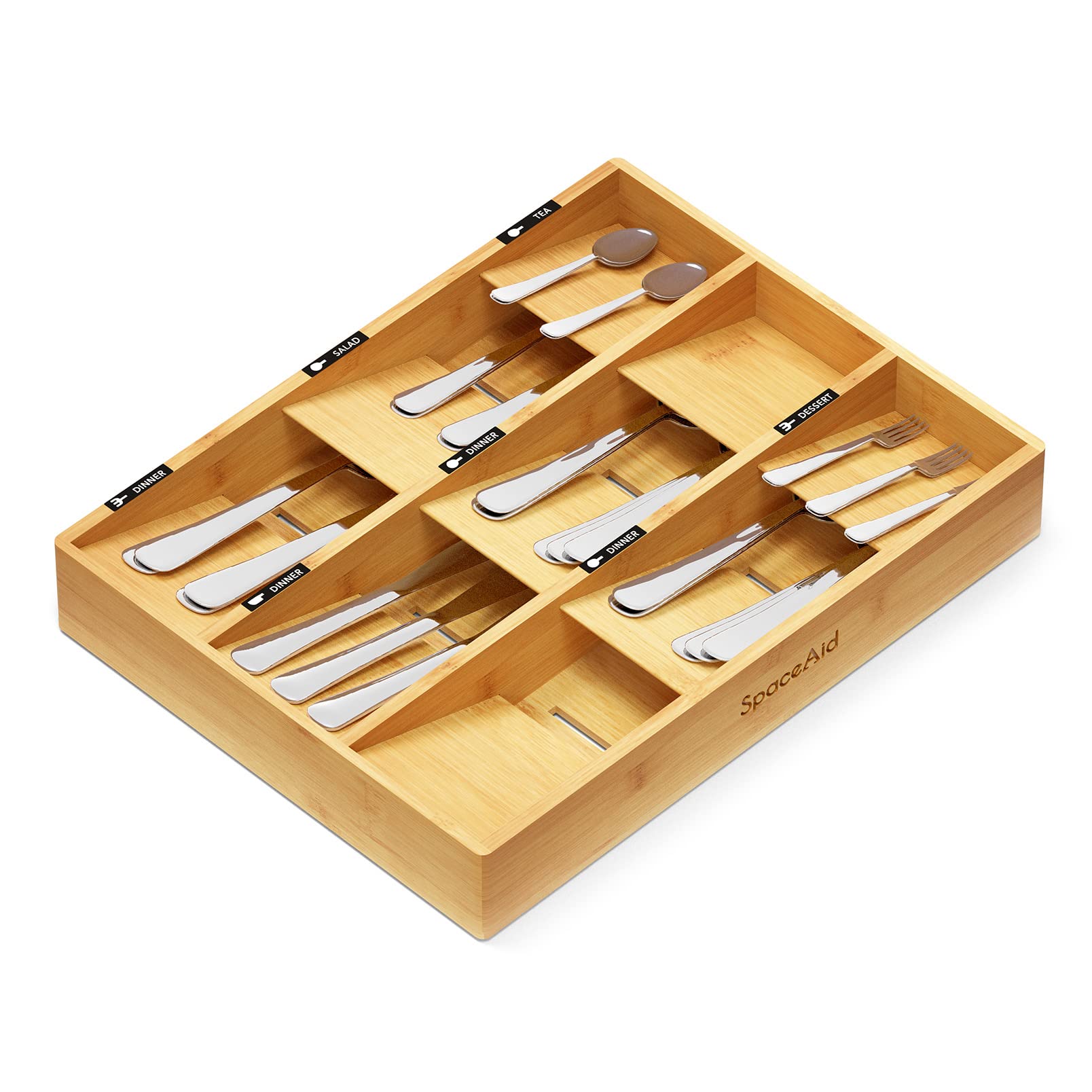 SpaceAid Bamboo Silverware Drawer Organizer with Labels - 9 Slot Kitchen Utensil Tray for Flatware, Cutlery, Spoons & Knives - Perfect for Drawer Storage Organization & Kitchen Countertop Decluttering