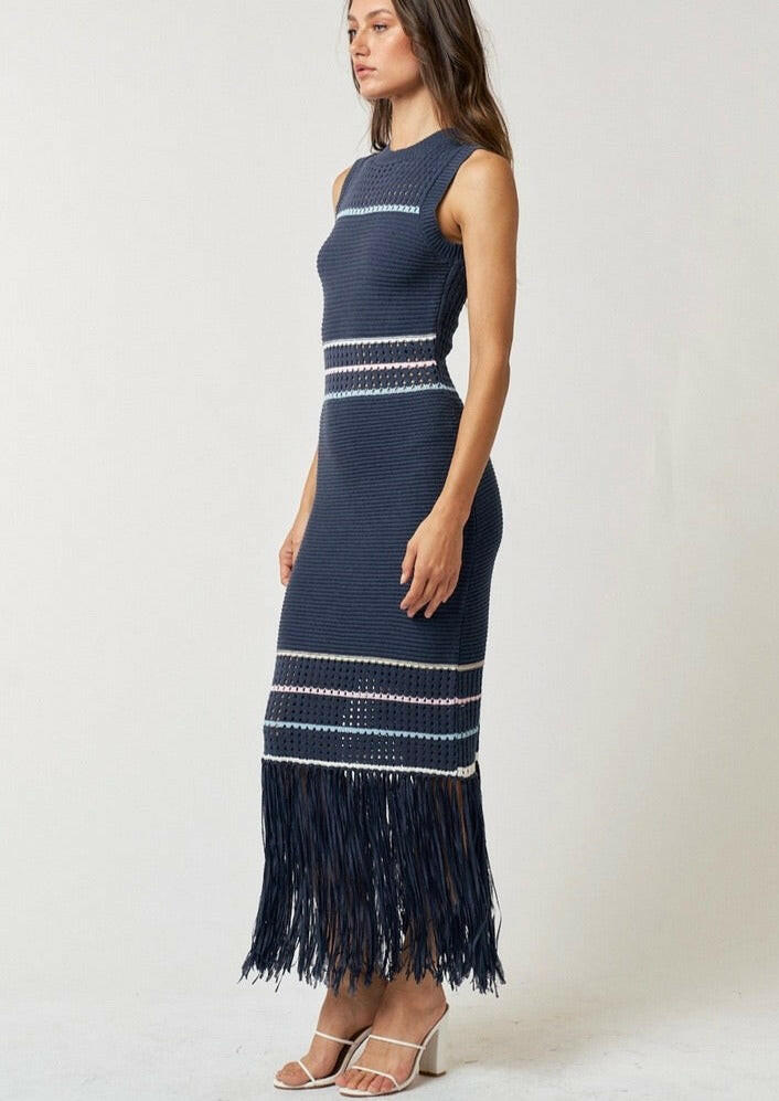 Navy Blue Striped Knit Maxi Dress for Women - Elegant Long Sleeve Beach Cover Up & Summer Casual Outfit