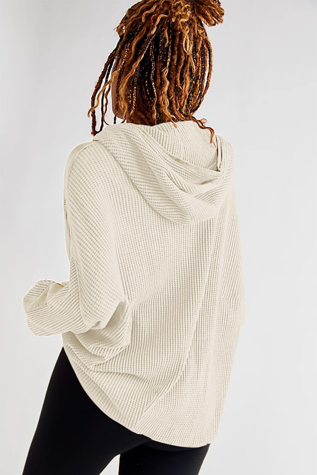 Women's Oversized Waffle Knit Zip-Up Hoodie Jacket - Long Sleeve Shacket Blouse with Pockets | Casual Loungewear, Fall Layering & Streetwear Outfits